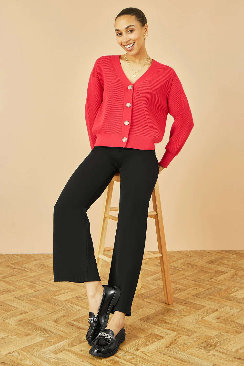 Yumi Red Relaxed Fit Cardigan With Stitch Detail - Image 2