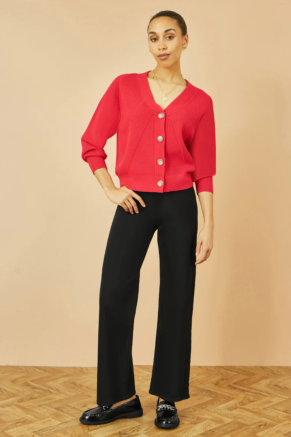 Yumi Red Relaxed Fit Cardigan With Stitch Detail - Image 4