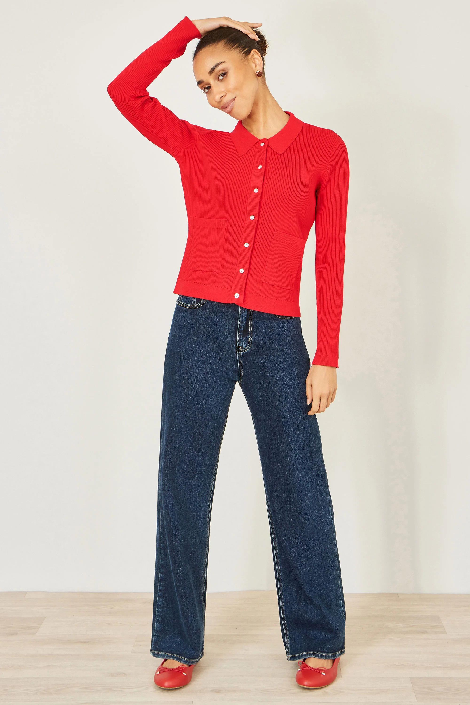 Yumi Red Ribbed Collar Button Up Cardigan - Image 2