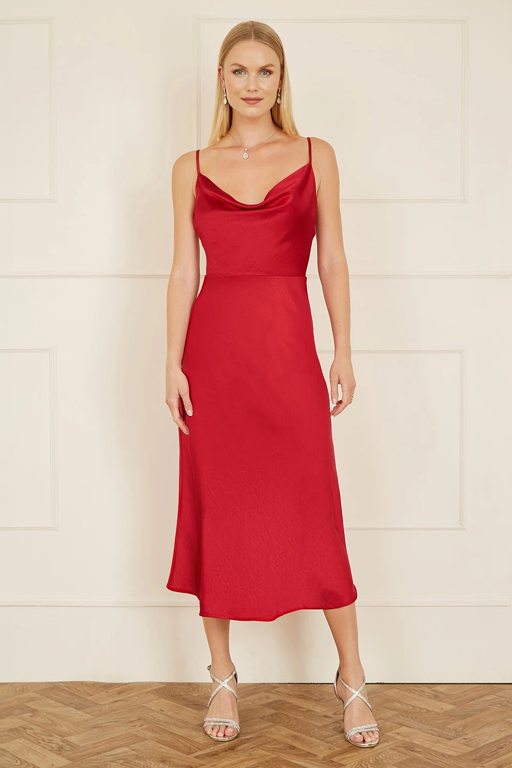 Yumi Red Satin Cowl Neck Midi Slip Dress - Image 3