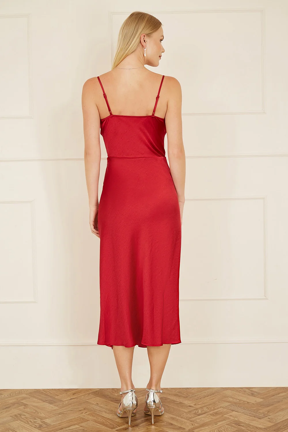 Yumi Red Satin Cowl Neck Midi Slip Dress - Image 4