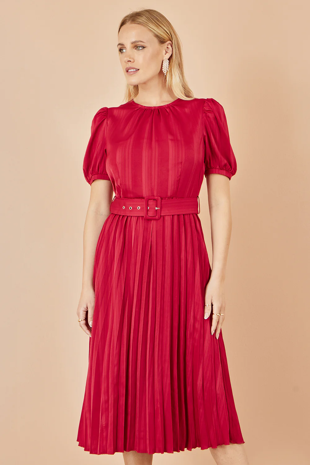 Yumi Red Satin Striped Midi Dress With Pleats and Matching Belt - Image 3