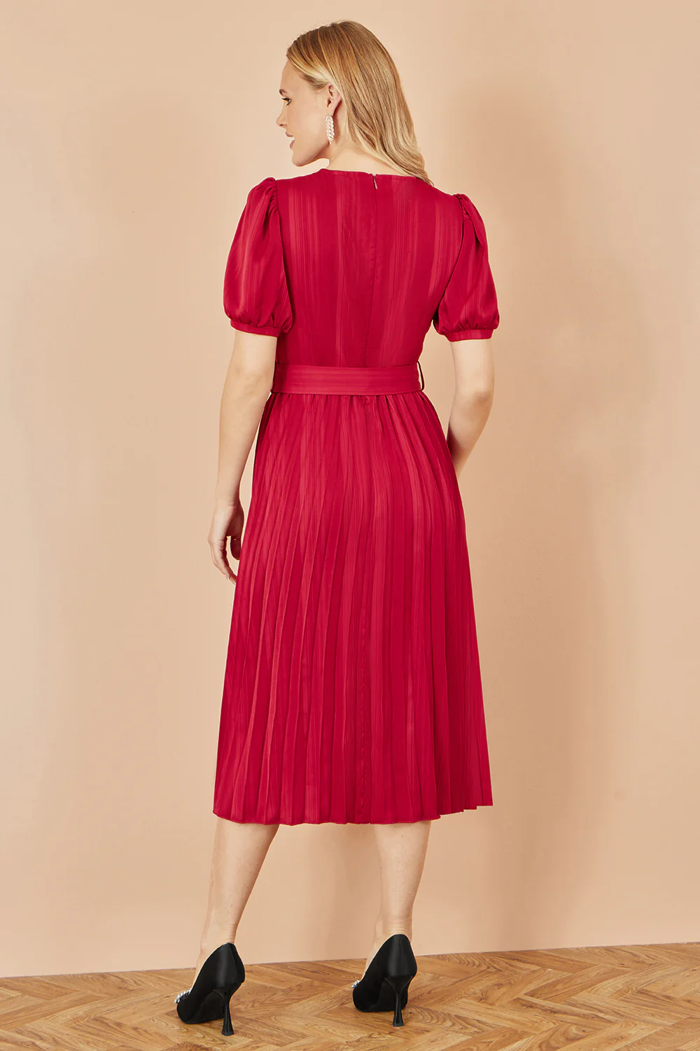 Yumi Red Satin Striped Midi Dress With Pleats and Matching Belt - Image 4