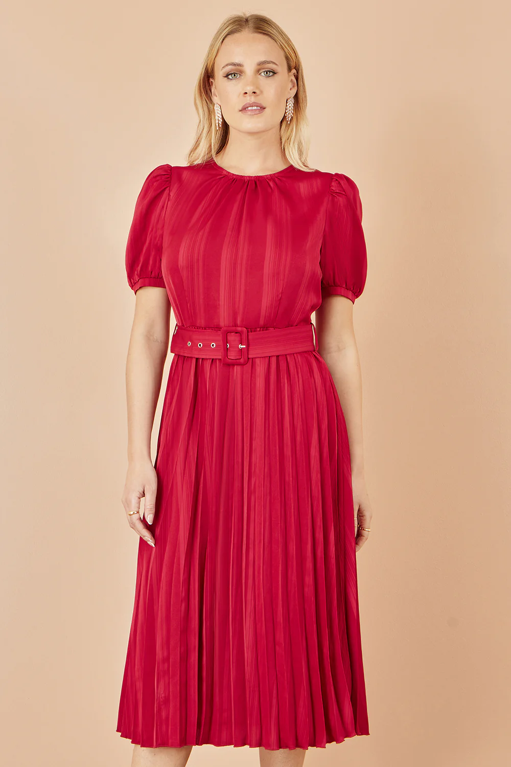 Yumi Red Satin Striped Midi Dress With Pleats and Matching Belt - Image 5