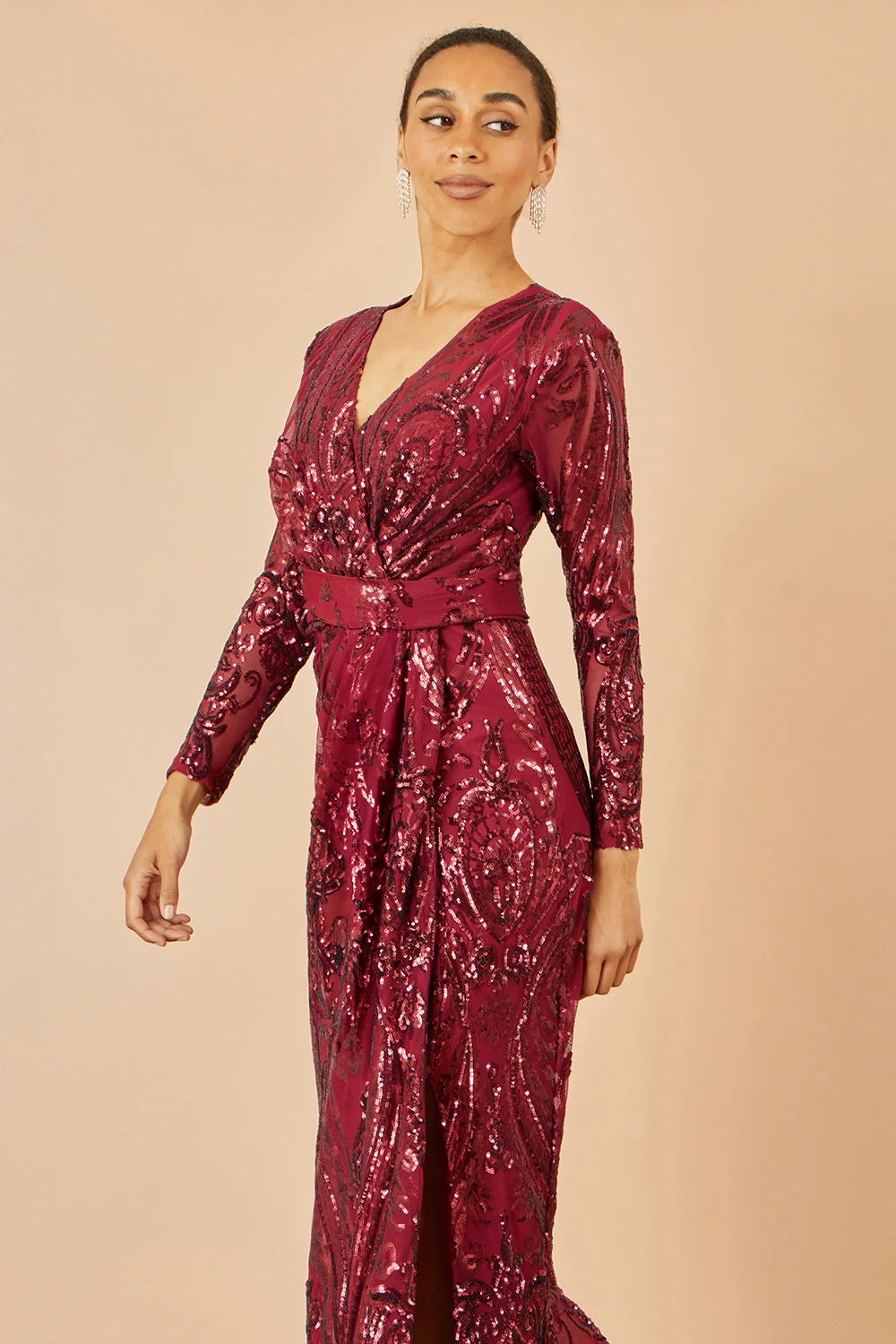Yumi Red Sequin Midi Wrap Dress With Split Hemline And Long Sleeves - Image 2