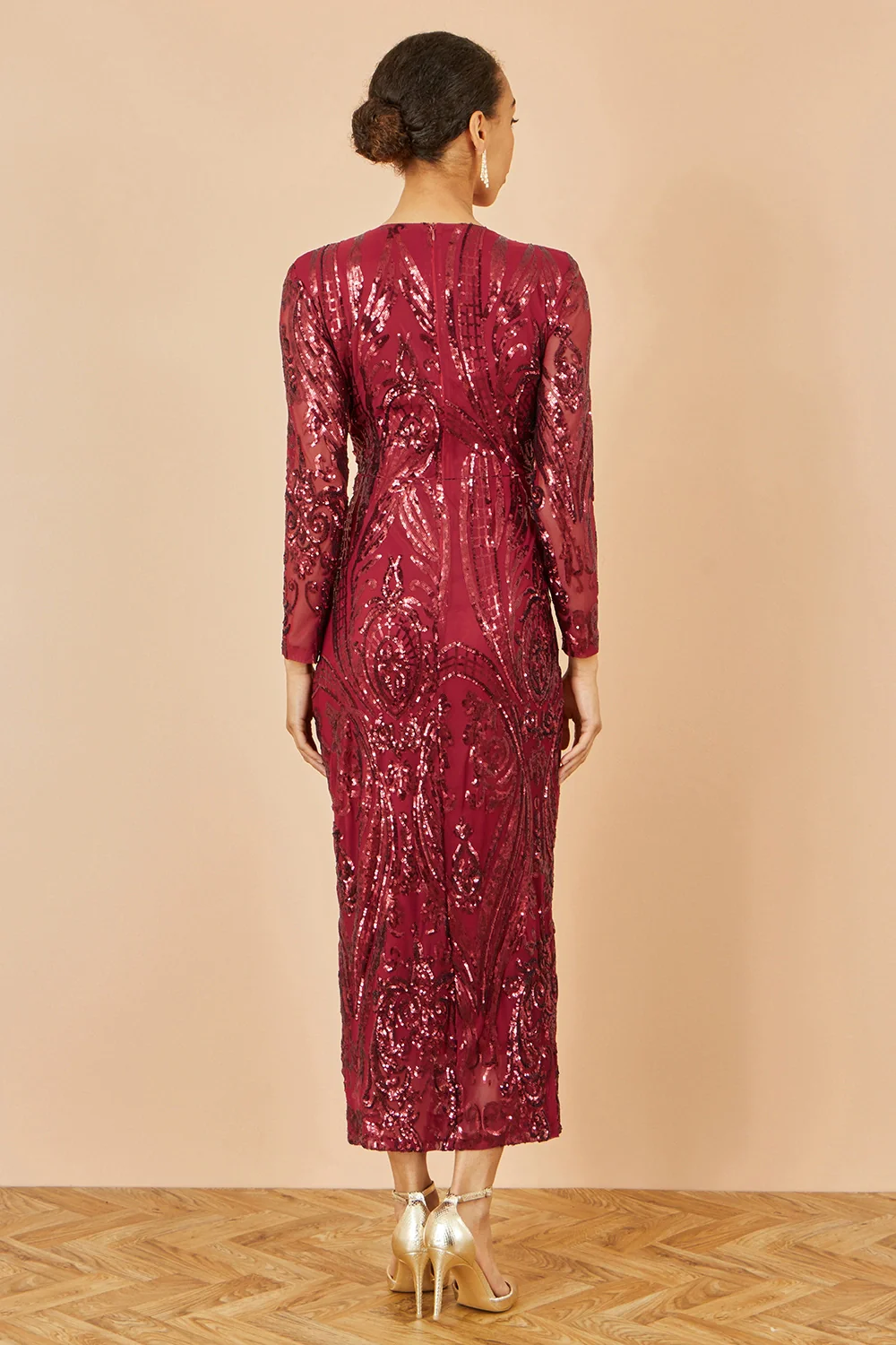 Yumi Red Sequin Midi Wrap Dress With Split Hemline And Long Sleeves - Image 4