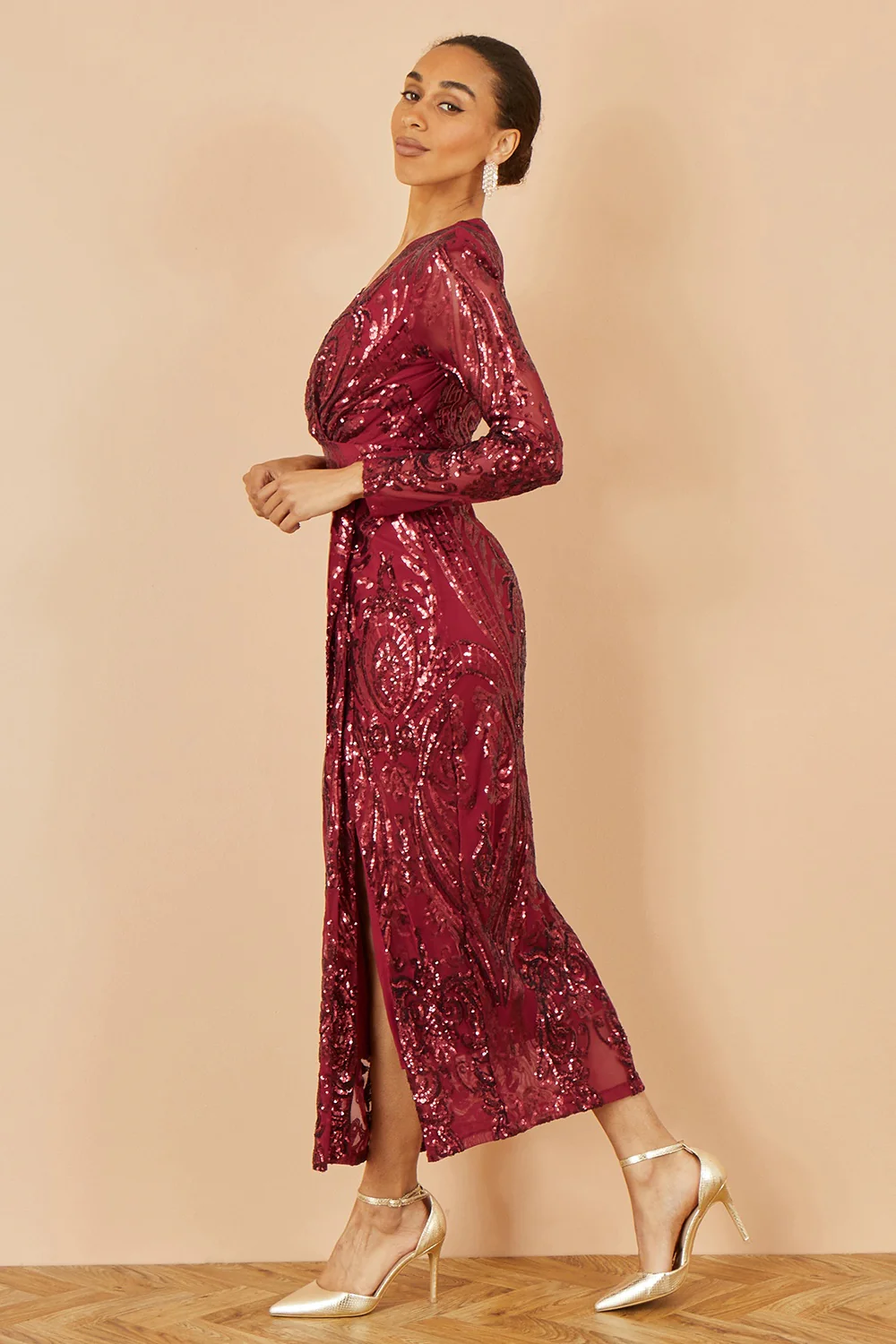 Yumi Red Sequin Midi Wrap Dress With Split Hemline And Long Sleeves - Image 5