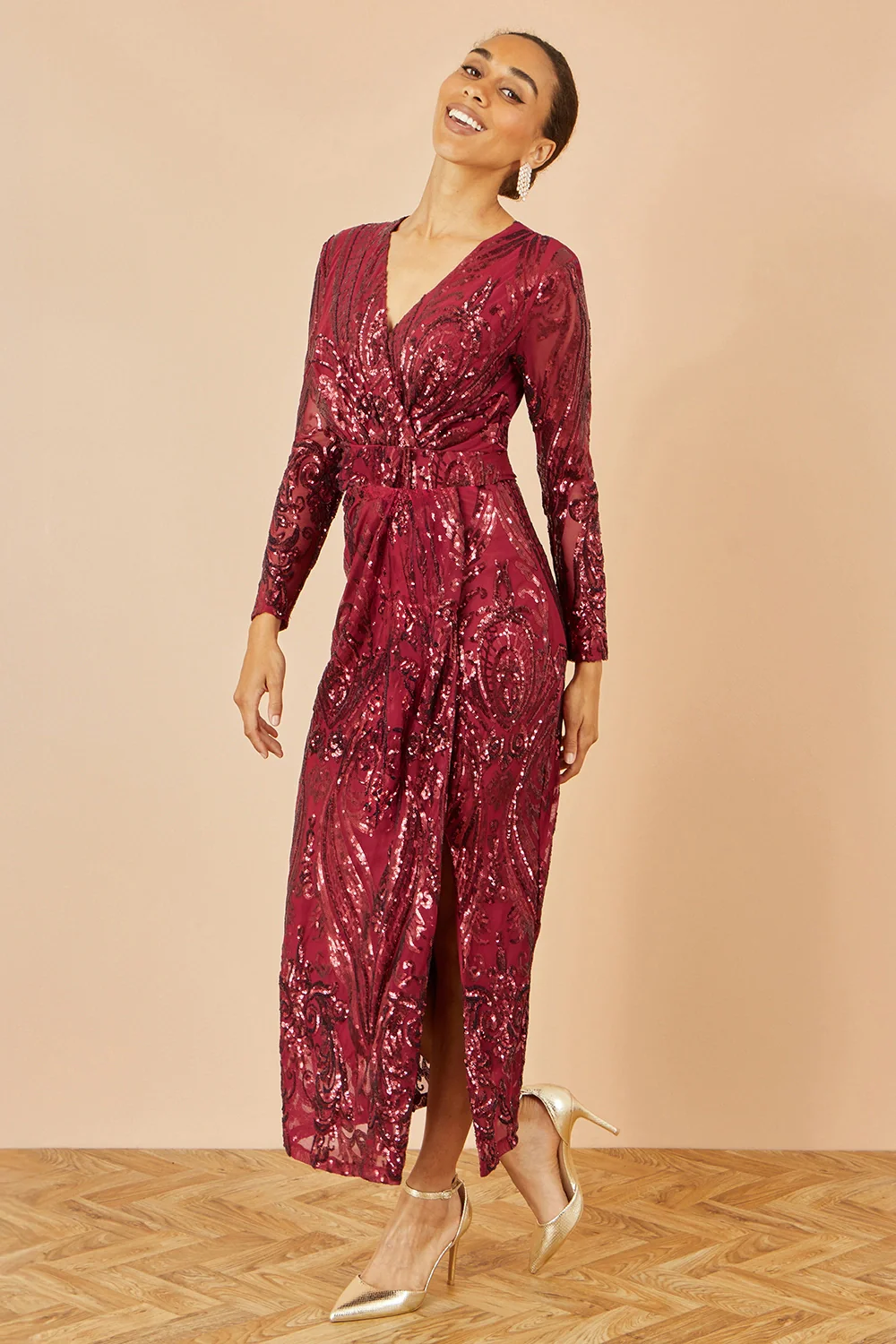 Yumi Red Sequin Midi Wrap Dress With Split Hemline And Long Sleeves - Image 6