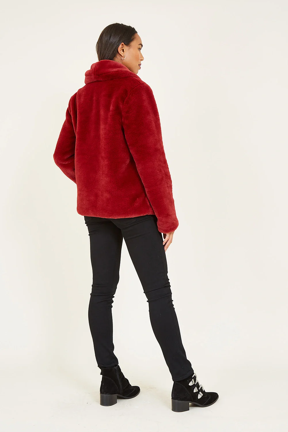 Yumi Red Short Wrap Faux Fur Coat - Image 3