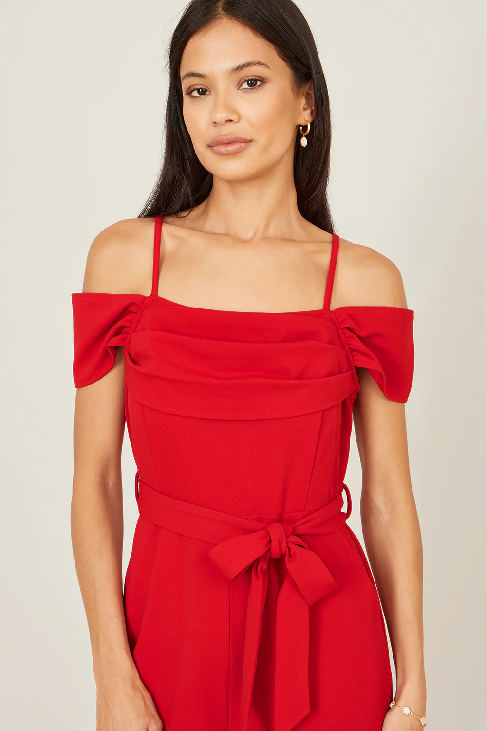Yumi Red Stretch Bardot Jumpsuit - Image 2