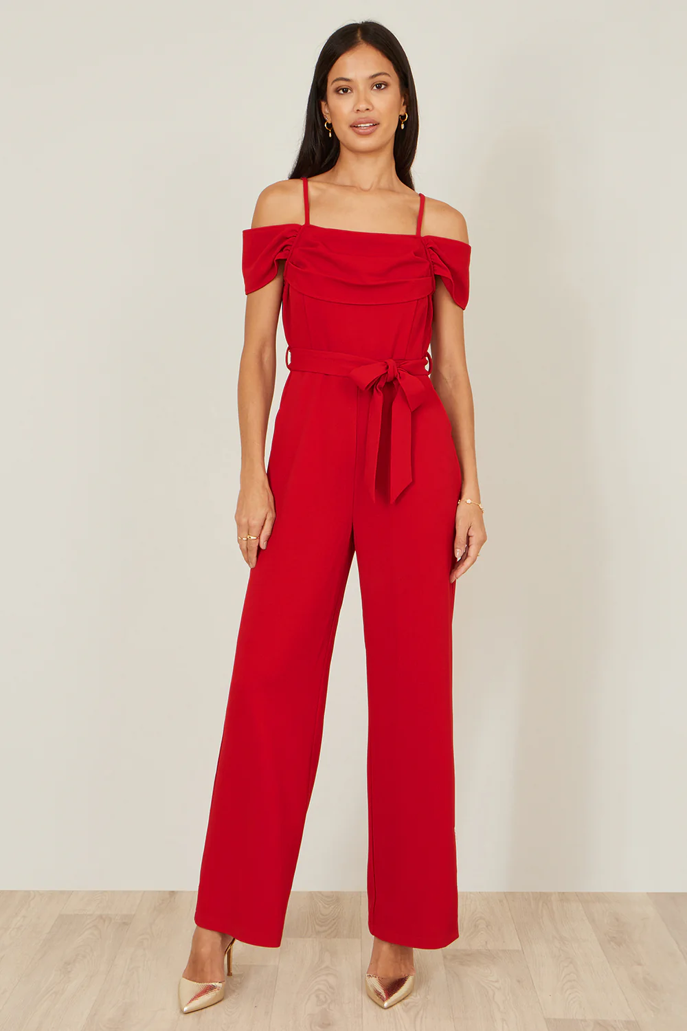 Yumi Red Stretch Bardot Jumpsuit - Image 4