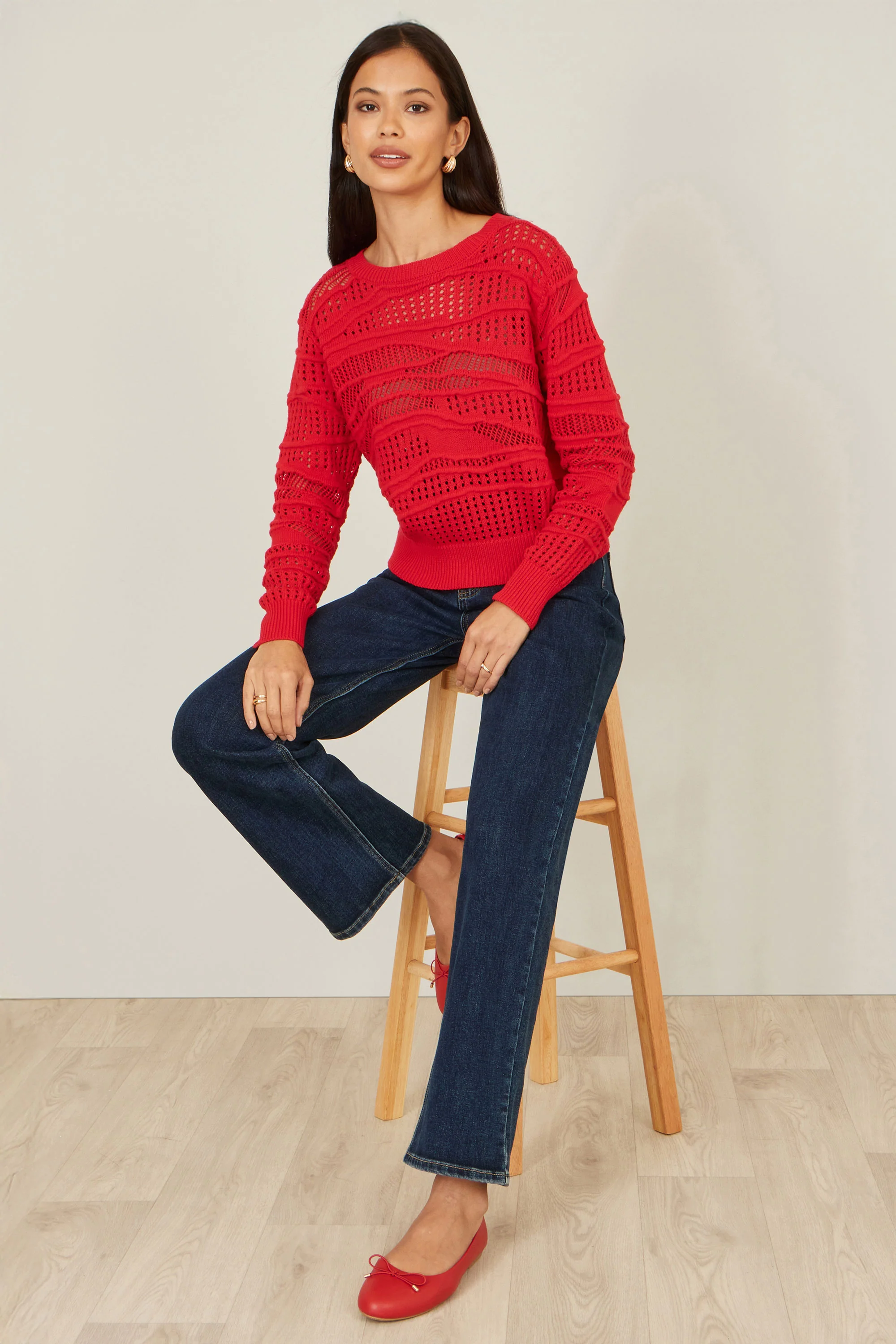 Yumi Red Wave Pointelle Knitted Jumper - Image 2