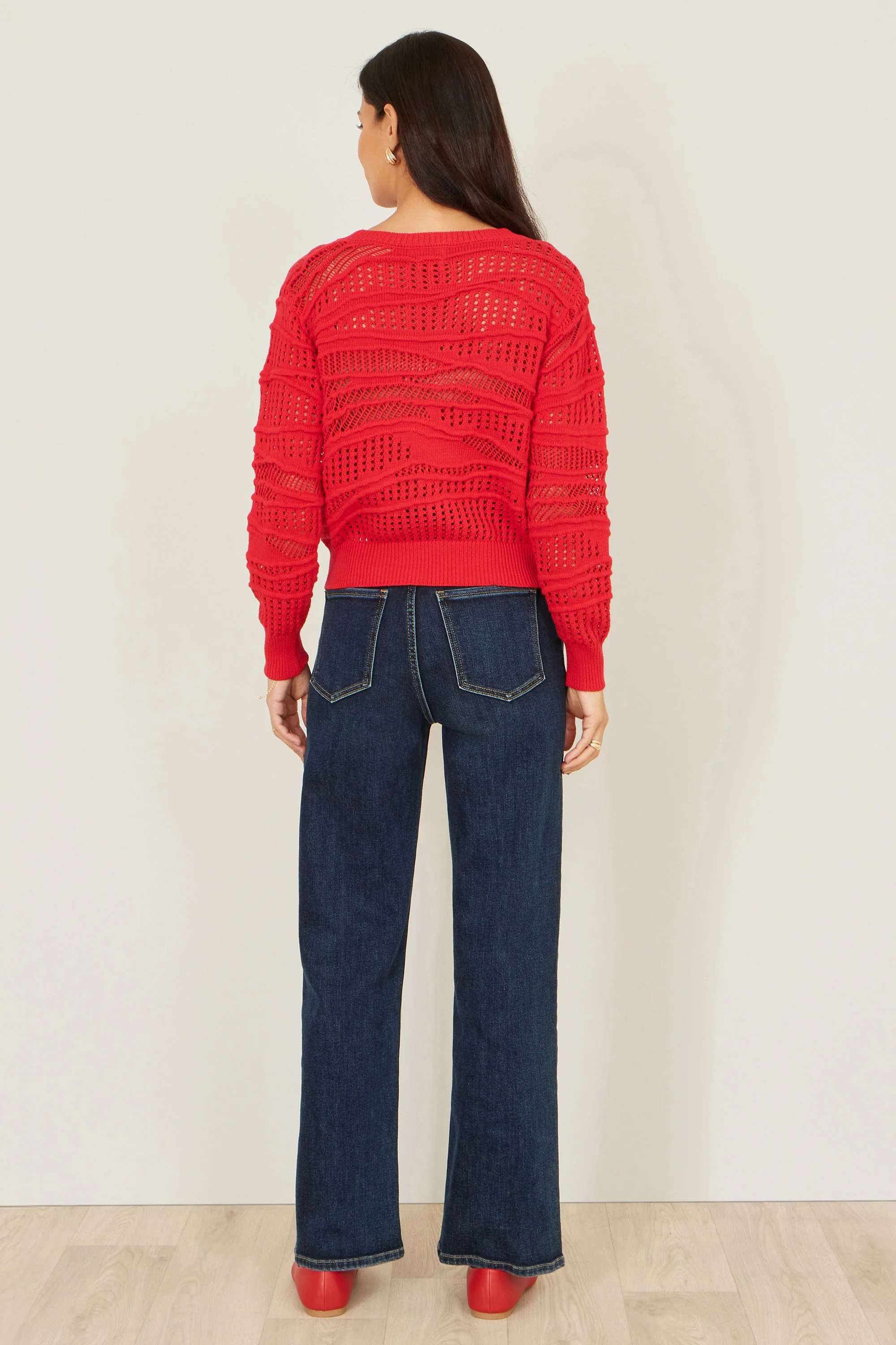 Yumi Red Wave Pointelle Knitted Jumper - Image 4