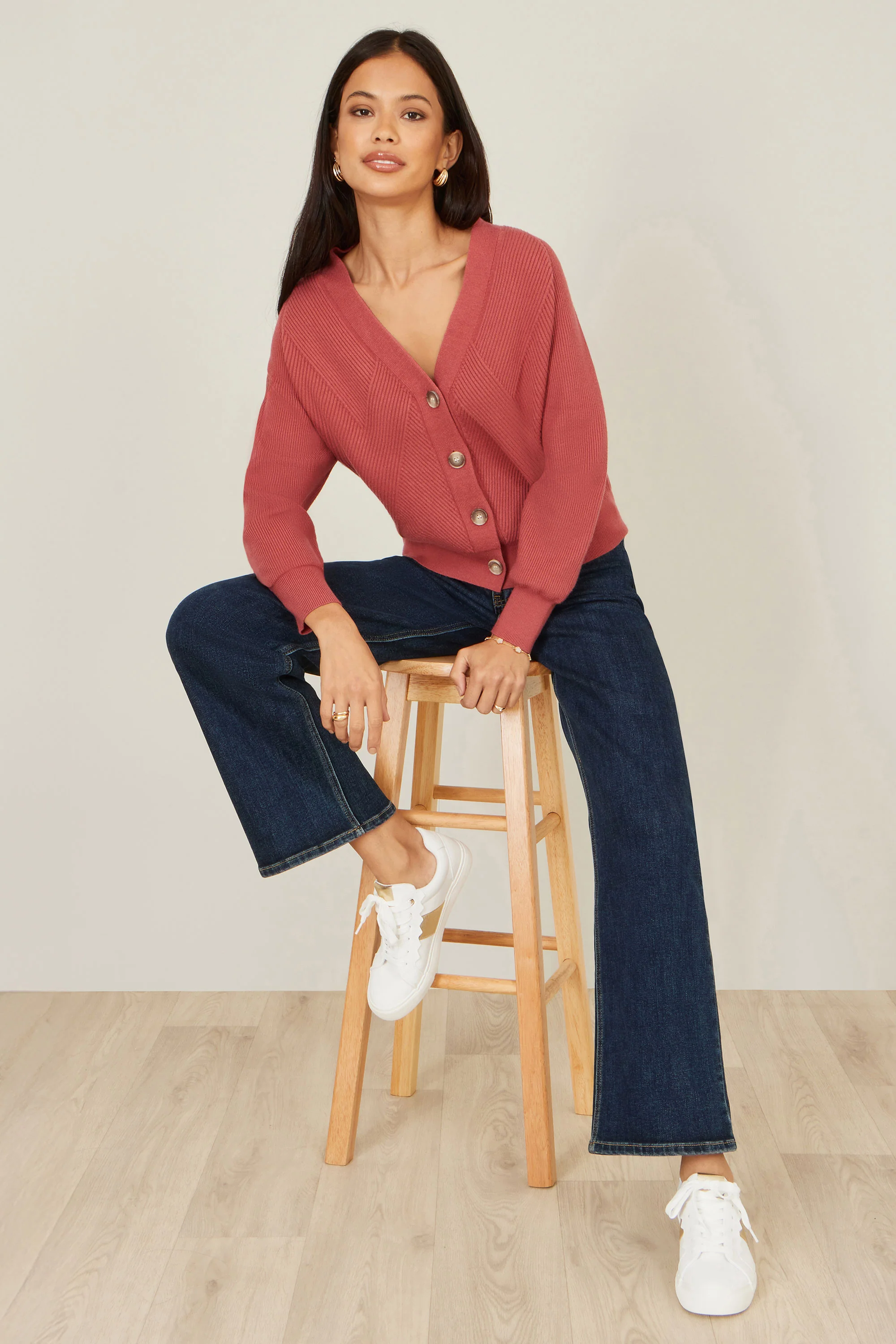 Yumi Rose Pink Relaxed Fit Cardigan With Stitch Detail - Image 2