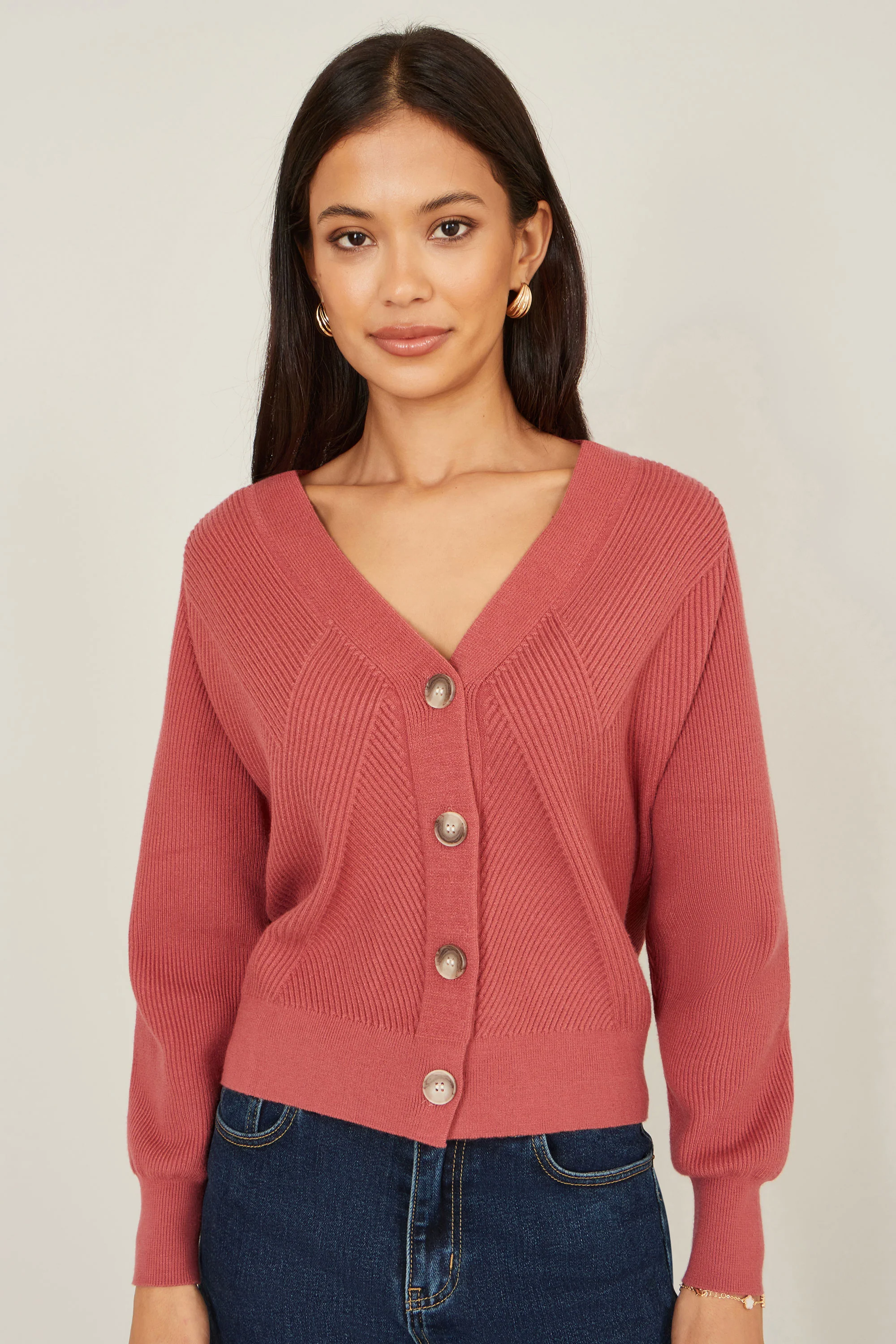 Yumi Rose Pink Relaxed Fit Cardigan With Stitch Detail - Image 3