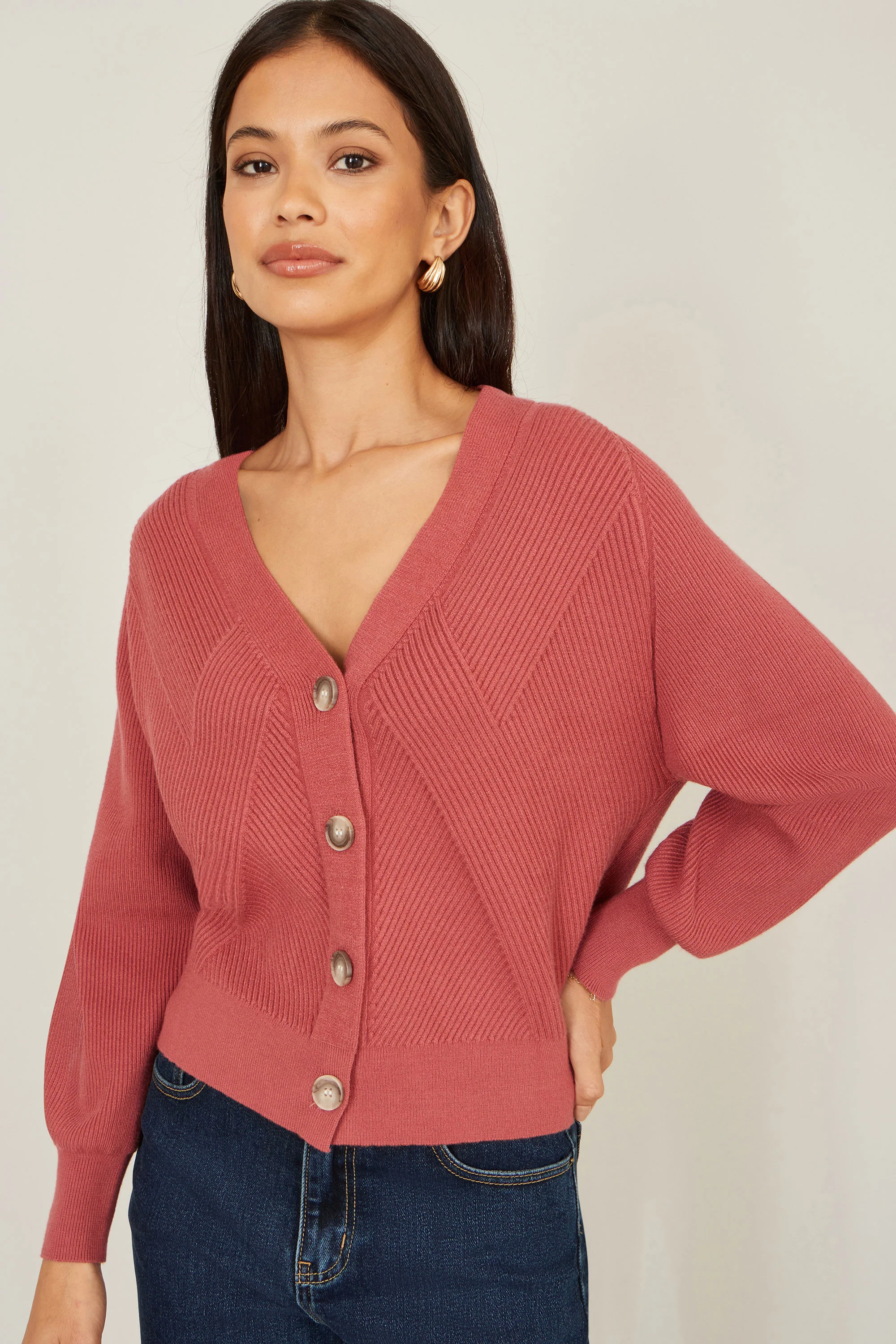Yumi Rose Pink Relaxed Fit Cardigan With Stitch Detail - Image 5