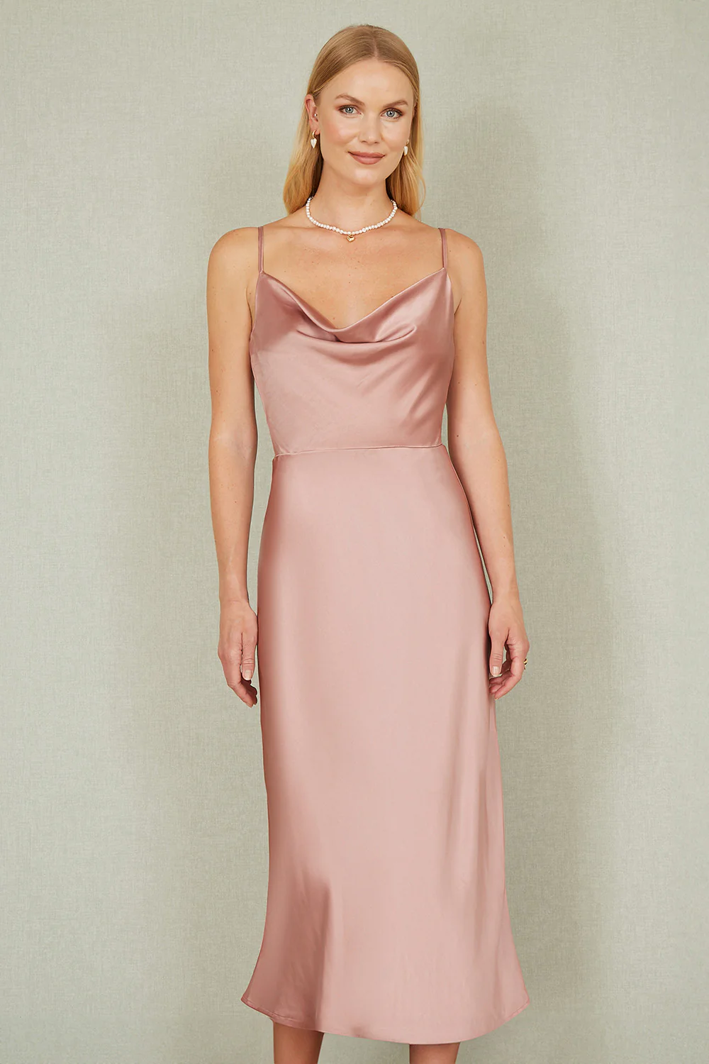 Yumi Rose Pink Satin Cowl Neck Midi Slip Dress - Image 3