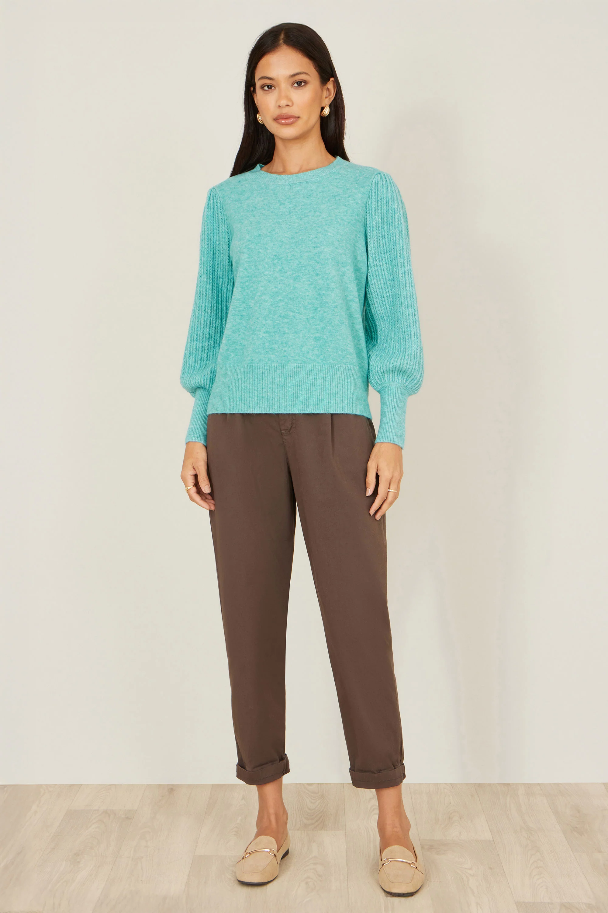 Yumi Sea Green Knitted Balloon Sleeve Jumper - Image 2