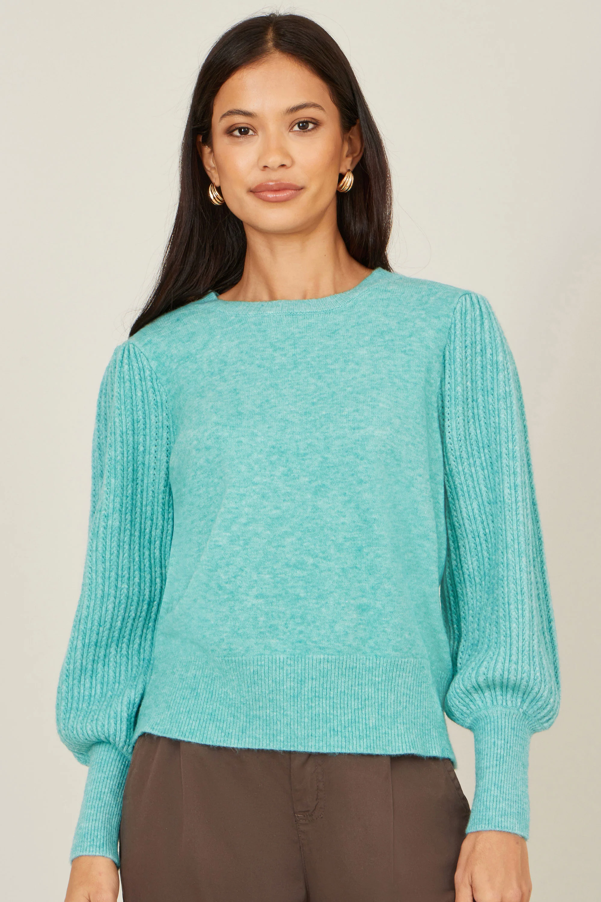 Yumi Sea Green Knitted Balloon Sleeve Jumper - Image 3