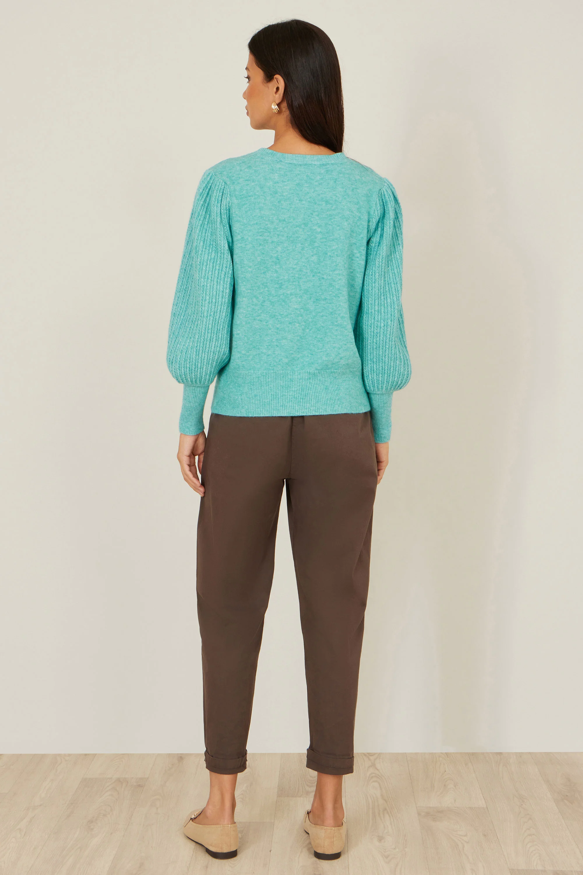 Yumi Sea Green Knitted Balloon Sleeve Jumper - Image 4