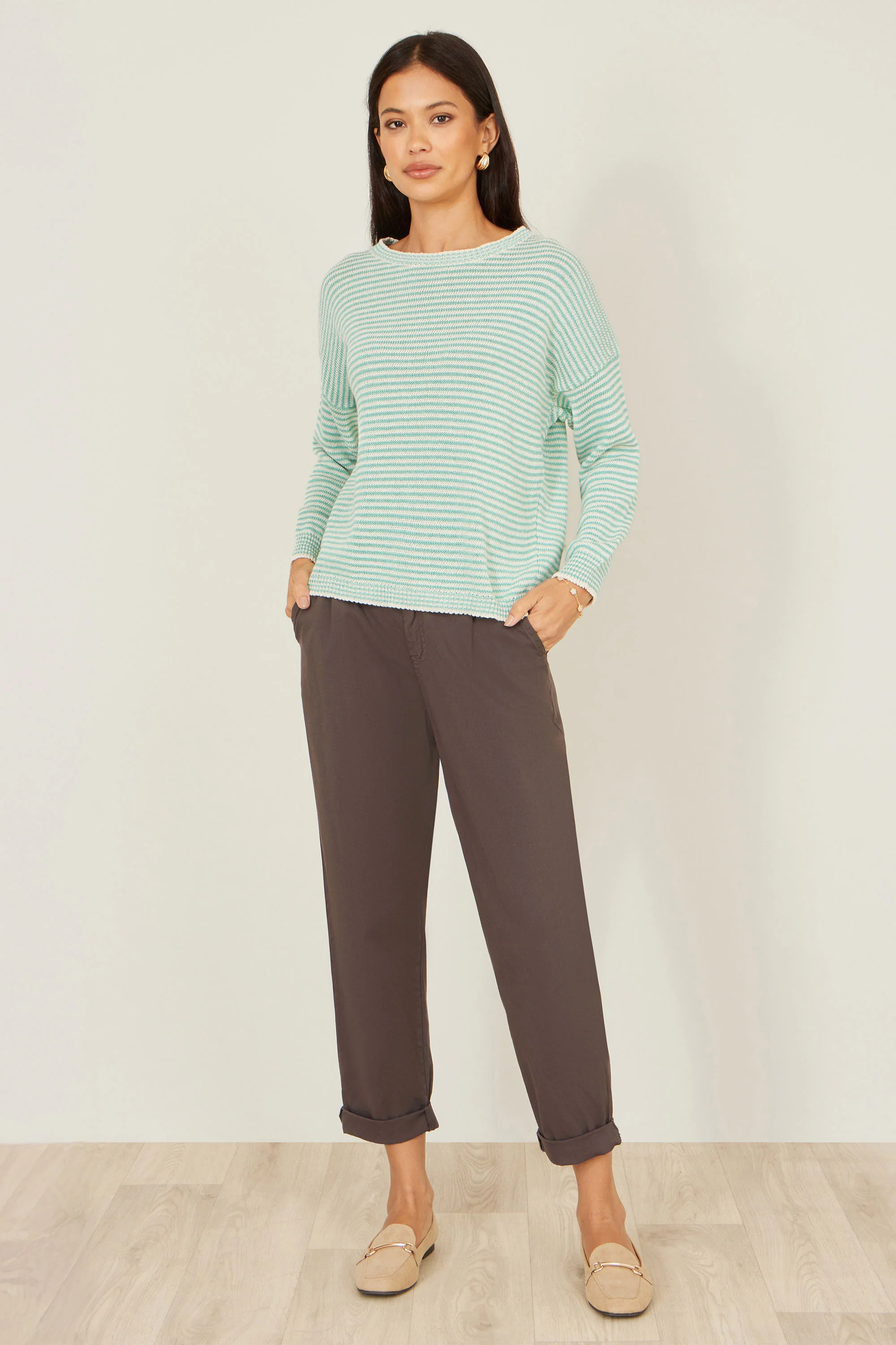 Yumi Sea Green Knitted Stripe Relaxed Jumper - Image 2