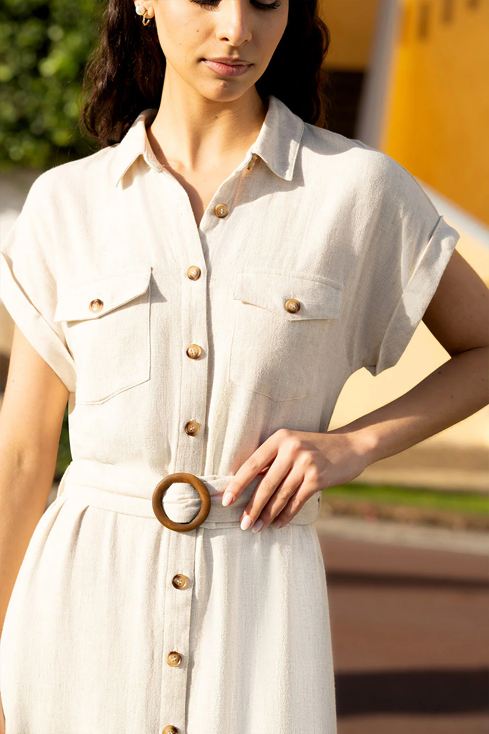 Yumi Stone Viscose Linen Look Midi Shirt Dress With Wooden Belt - Image 4