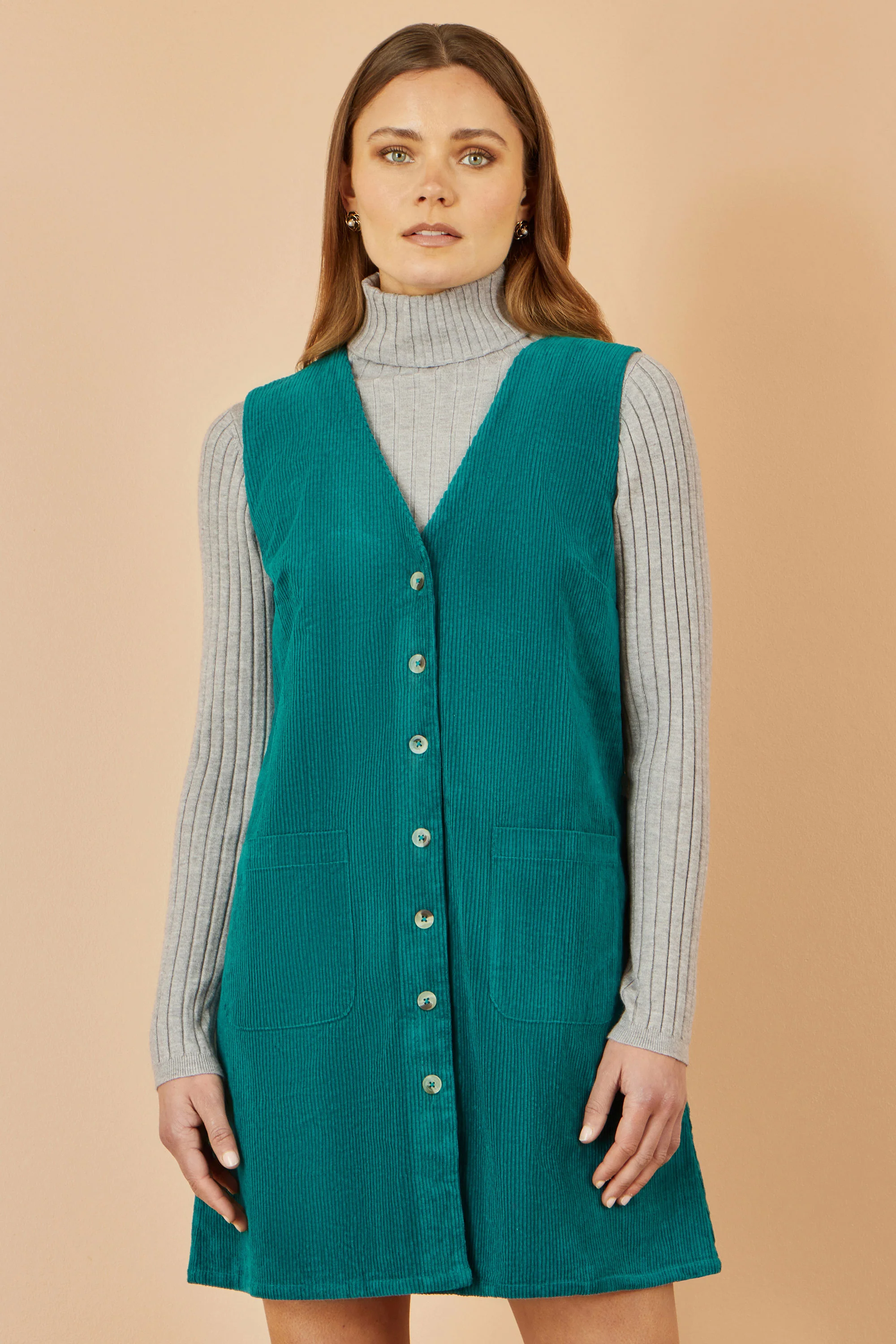 Yumi Teal Cord Button Through Pinafore Dress With Pockets - Image 5