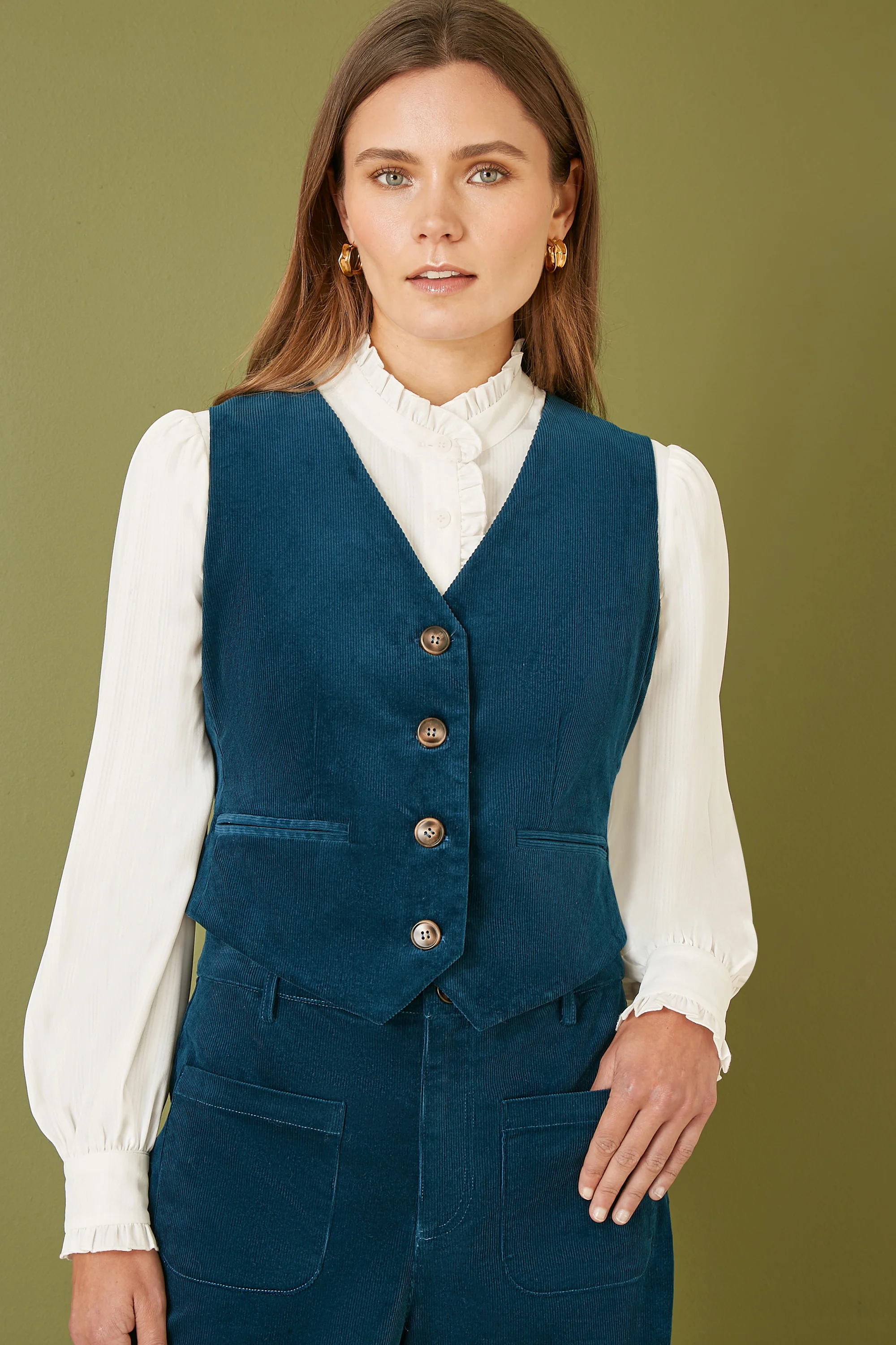 Yumi Teal Cord Trousers With Patch Pockets - Image 3