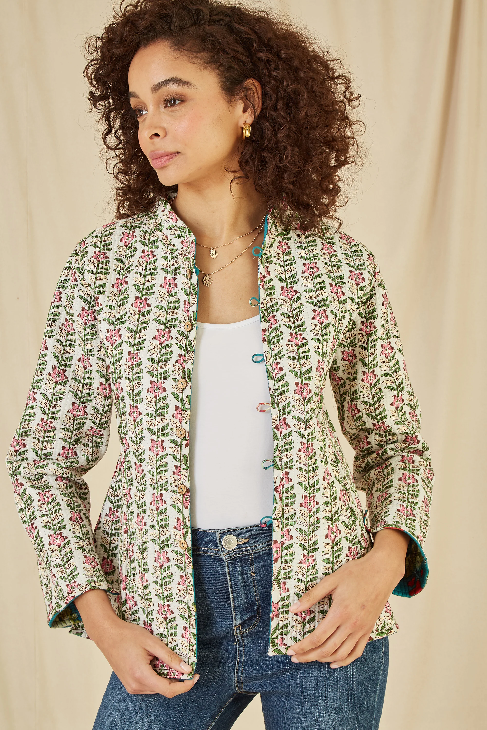 Yumi Teal Floral Print Reversible Cotton Quilted Jacket - Image 2