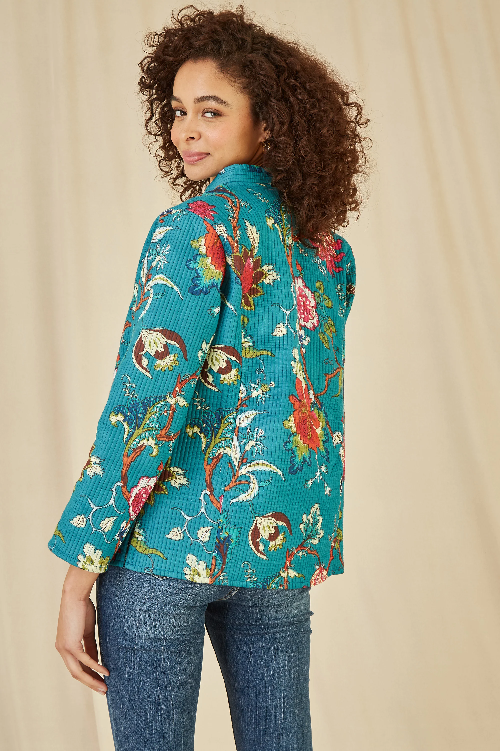 Yumi Teal Floral Print Reversible Cotton Quilted Jacket - Image 4