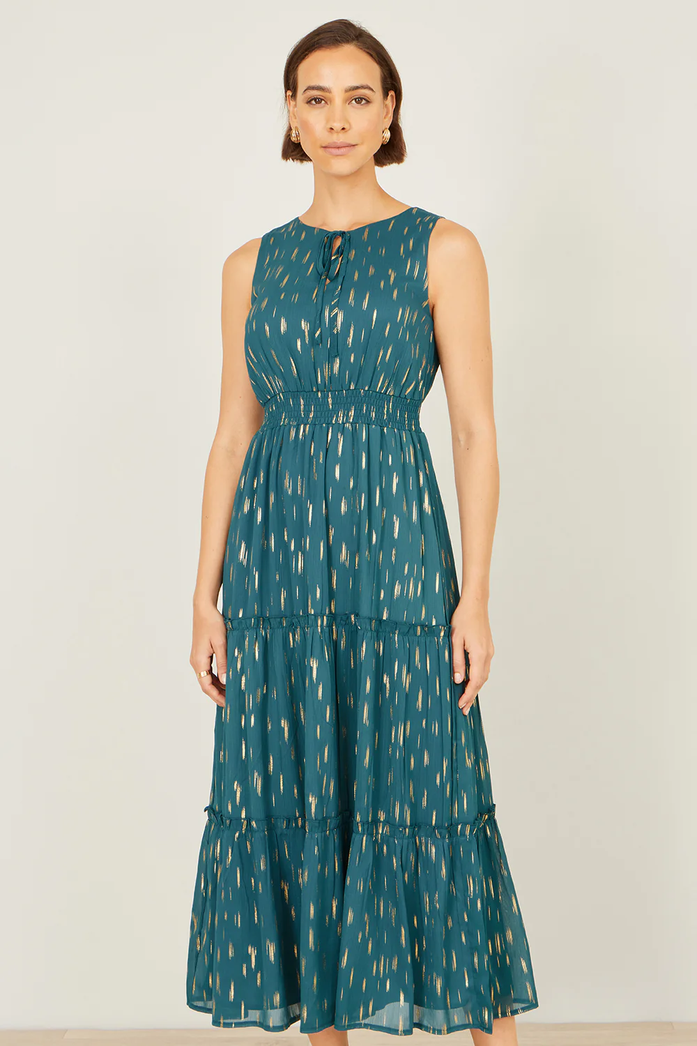 Yumi Teal Foil Print Ruched Waist Midi Dress With Tie Notch Neckline - Image 4