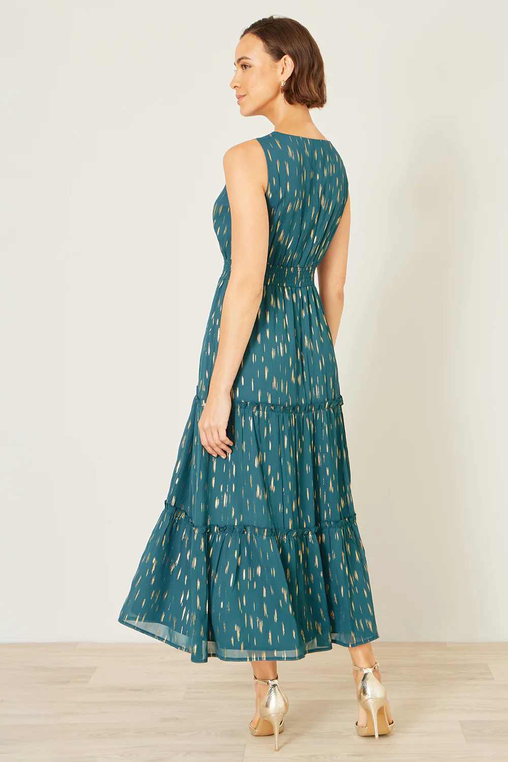 Yumi Teal Foil Print Ruched Waist Midi Dress With Tie Notch Neckline - Image 5