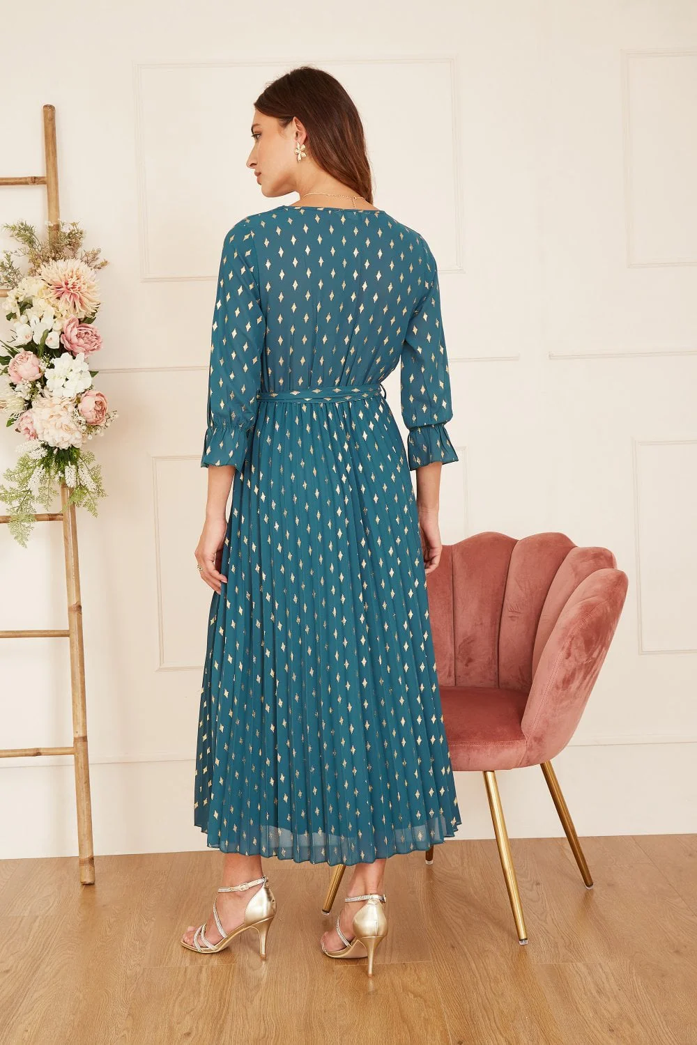 Yumi Teal Foil Printed Pleated Wrap Midi Dress - Image 3