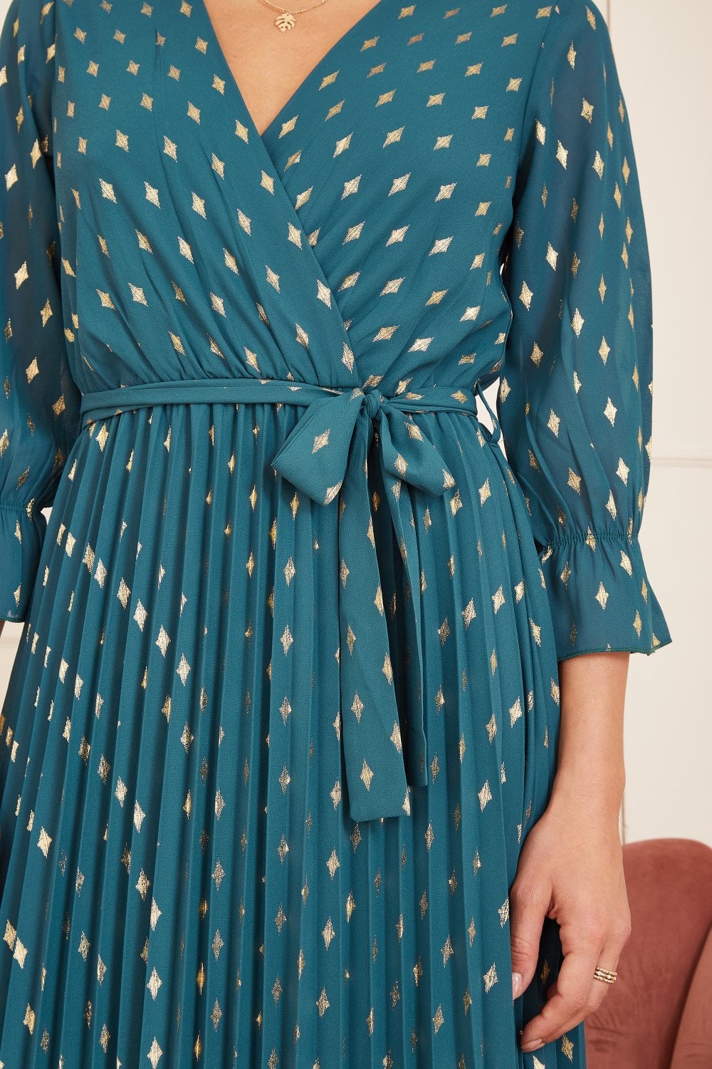 Yumi Teal Foil Printed Pleated Wrap Midi Dress - Image 4
