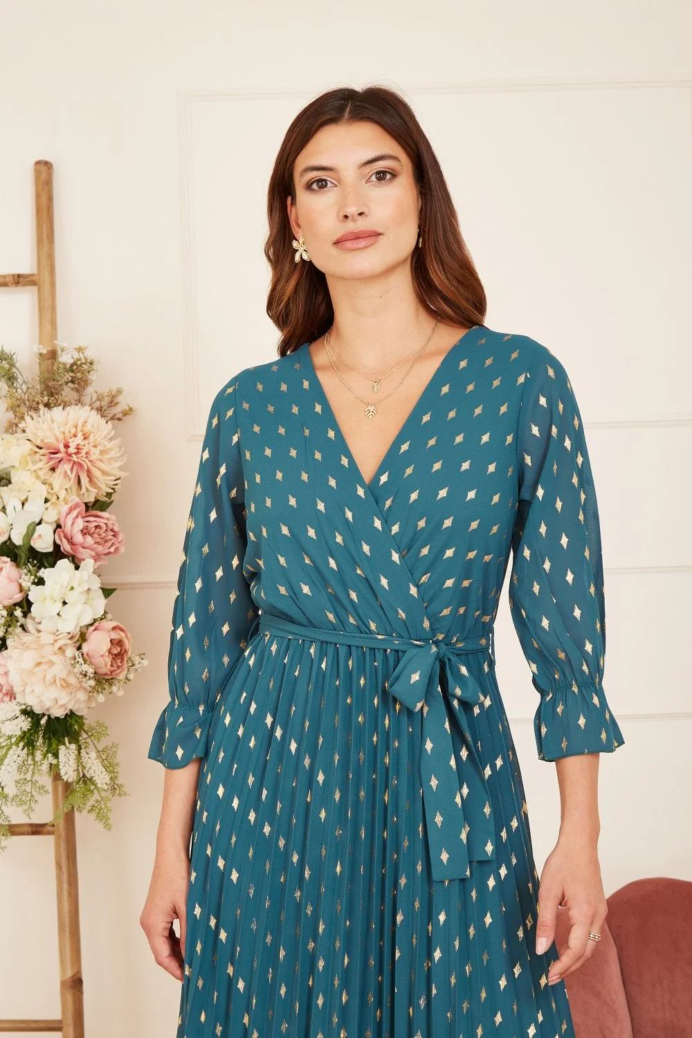 Yumi Teal Foil Printed Pleated Wrap Midi Dress - Image 5