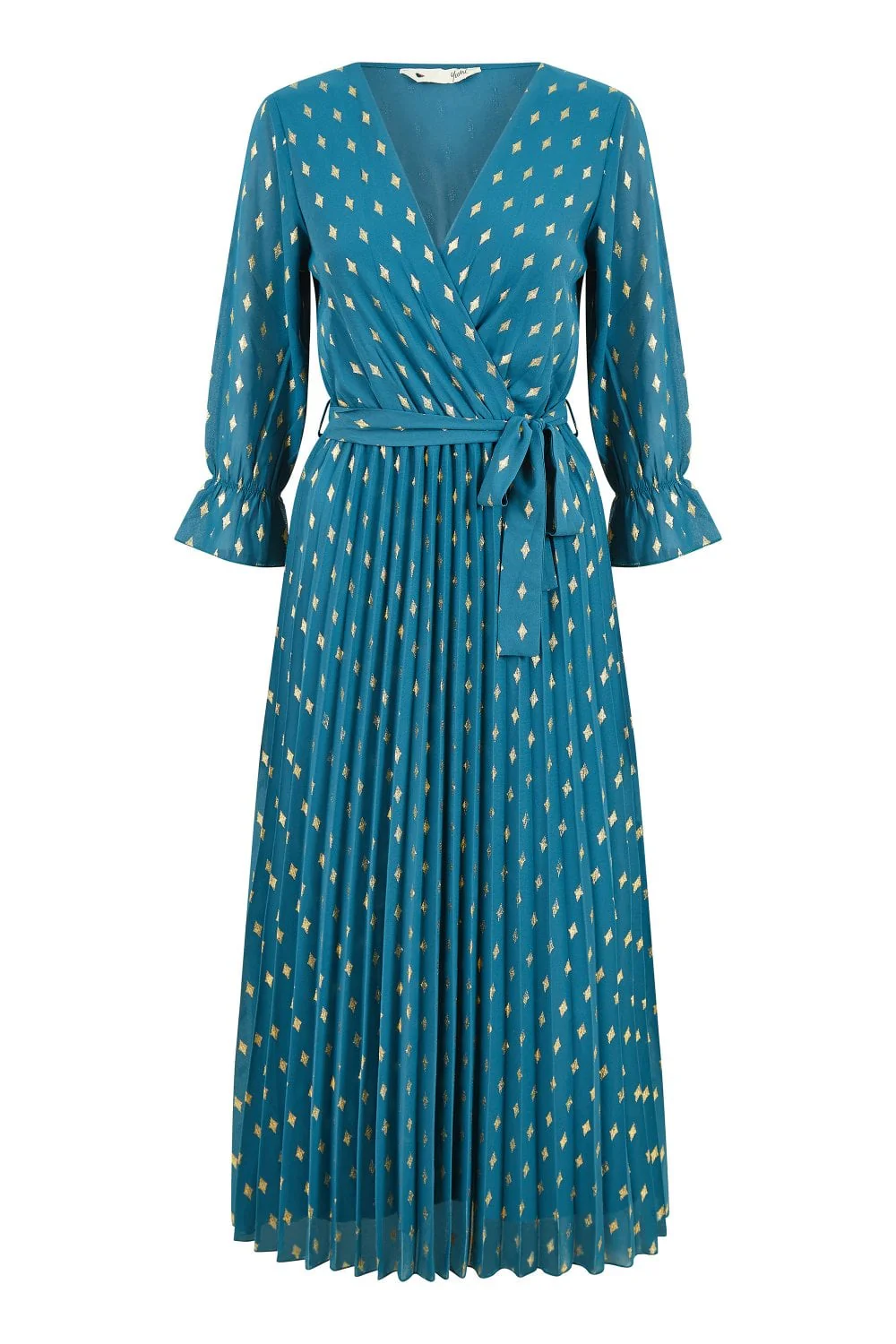 Yumi Teal Foil Printed Pleated Wrap Midi Dress - Image 7
