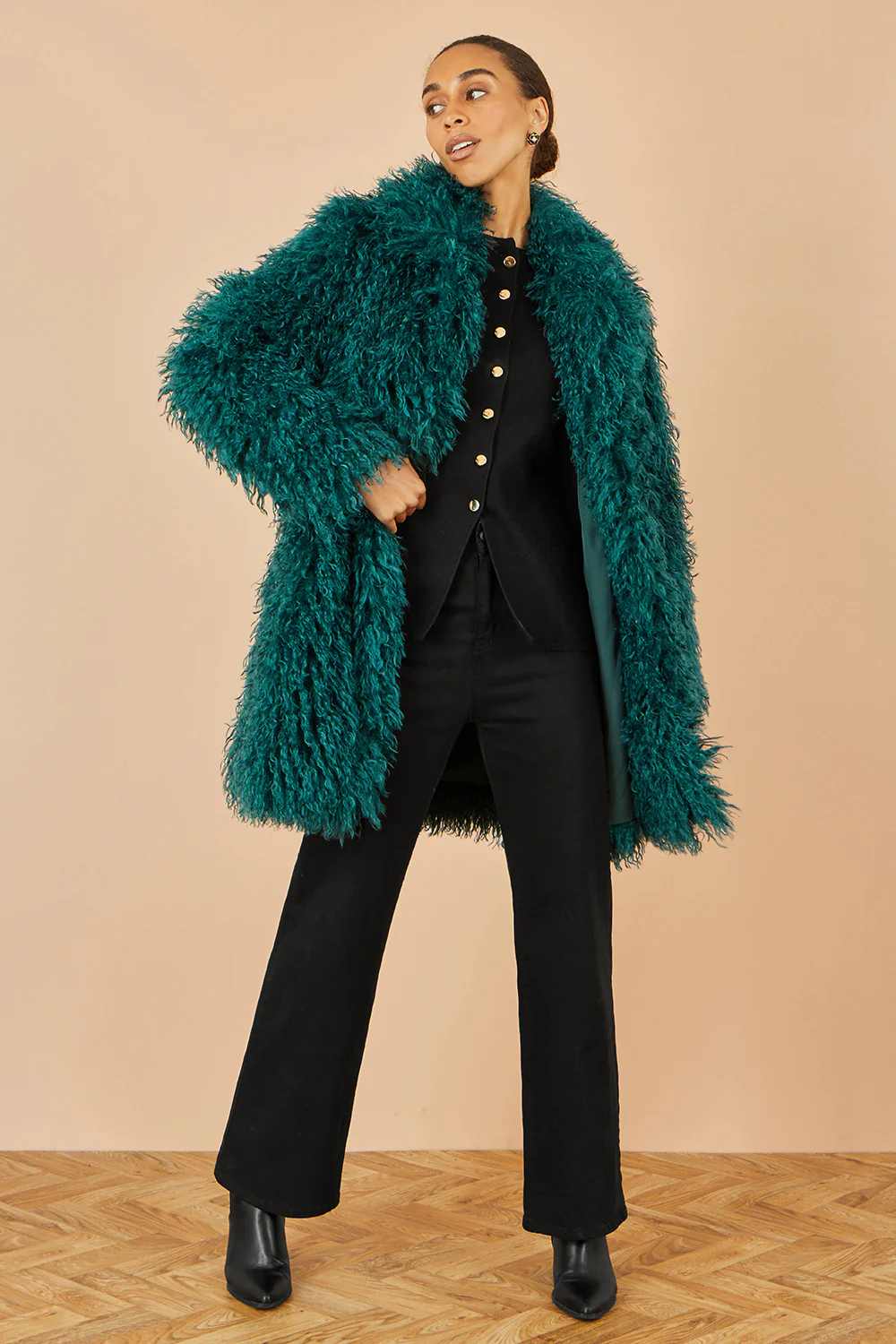Yumi Teal Luxe Long Hair Fur Coat - Image 4