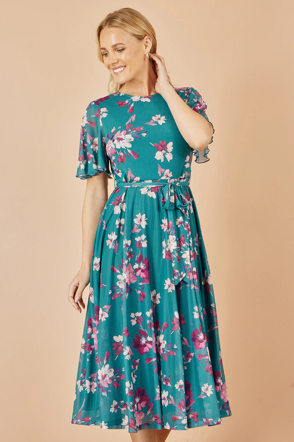 Yumi Teal Mesh Skater Floral Midi Dress - Image 3