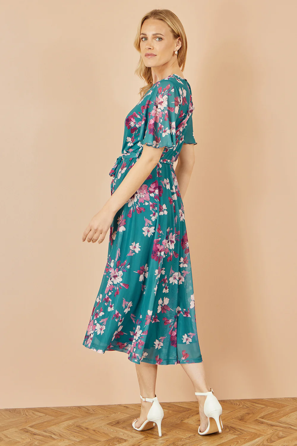 Yumi Teal Mesh Skater Floral Midi Dress - Image 4