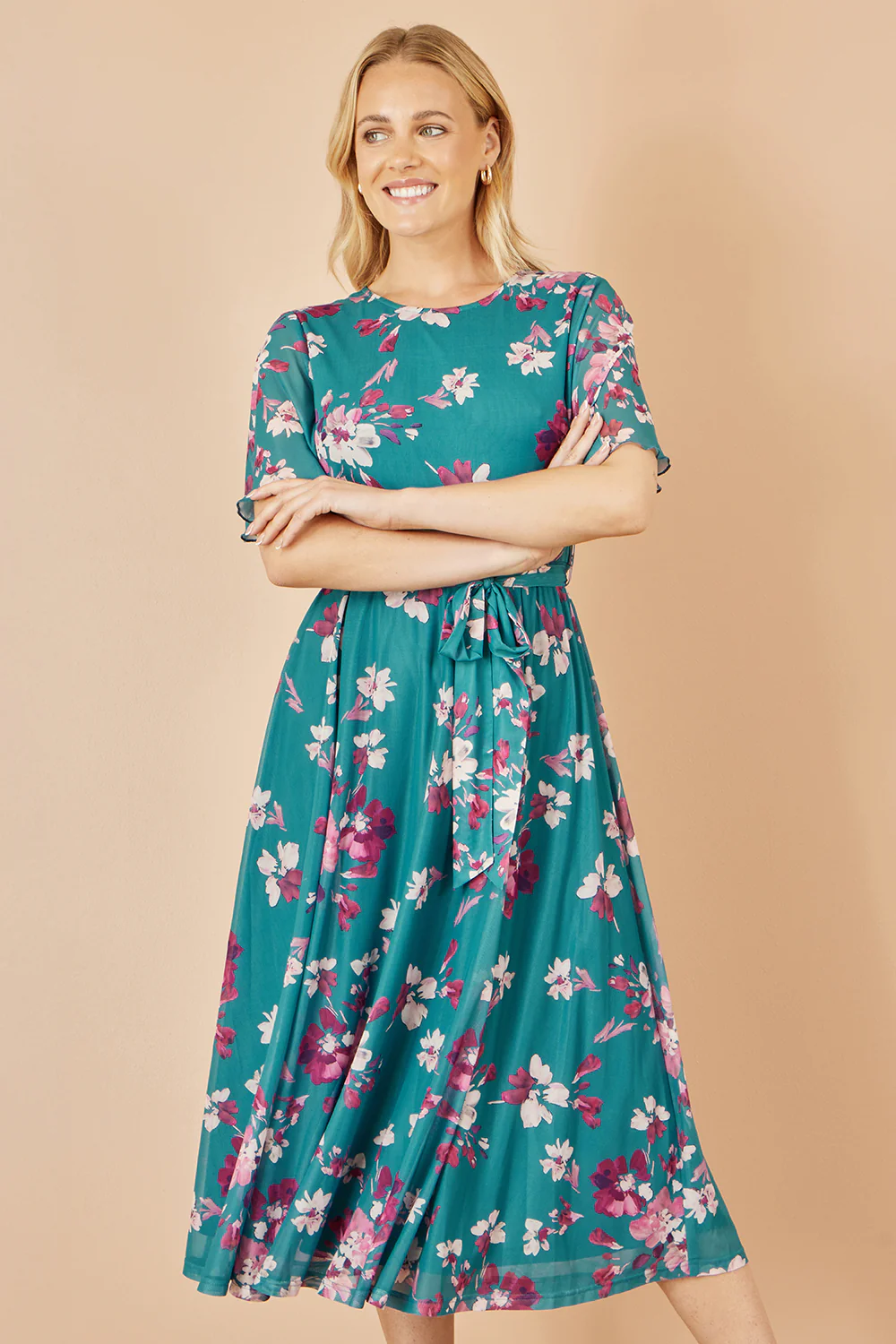 Yumi Teal Mesh Skater Floral Midi Dress - Image 5