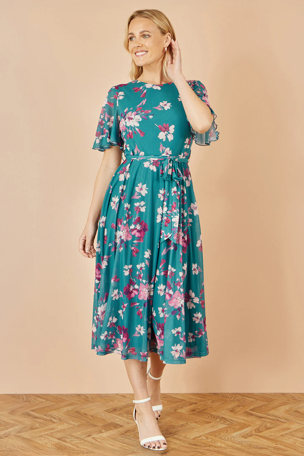 Yumi Teal Mesh Skater Floral Midi Dress - Image 6