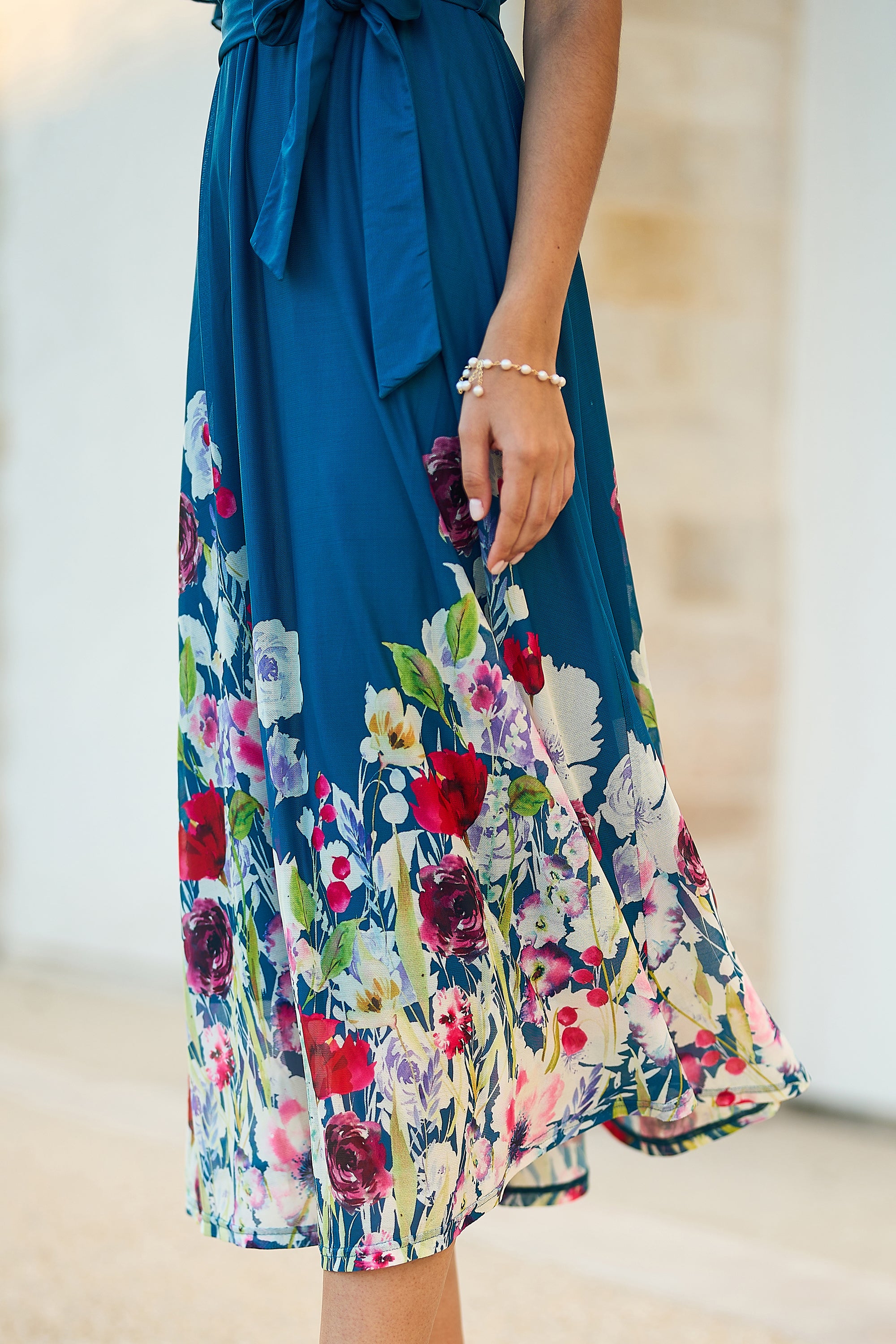 Yumi Teal Mesh Wrap Midi Dress With Floral Hem Border - Image 5