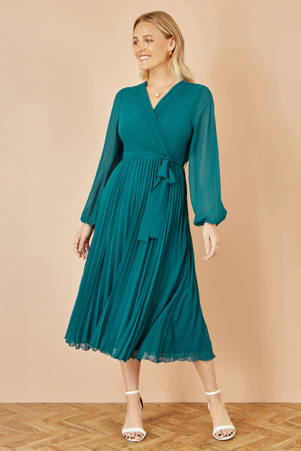 Yumi Teal Pleated Wrap Midi Dress With Sheer Long Sleeves - Image 4