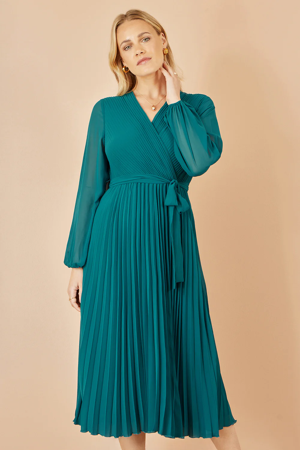 Yumi Teal Pleated Wrap Midi Dress With Sheer Long Sleeves - Image 5