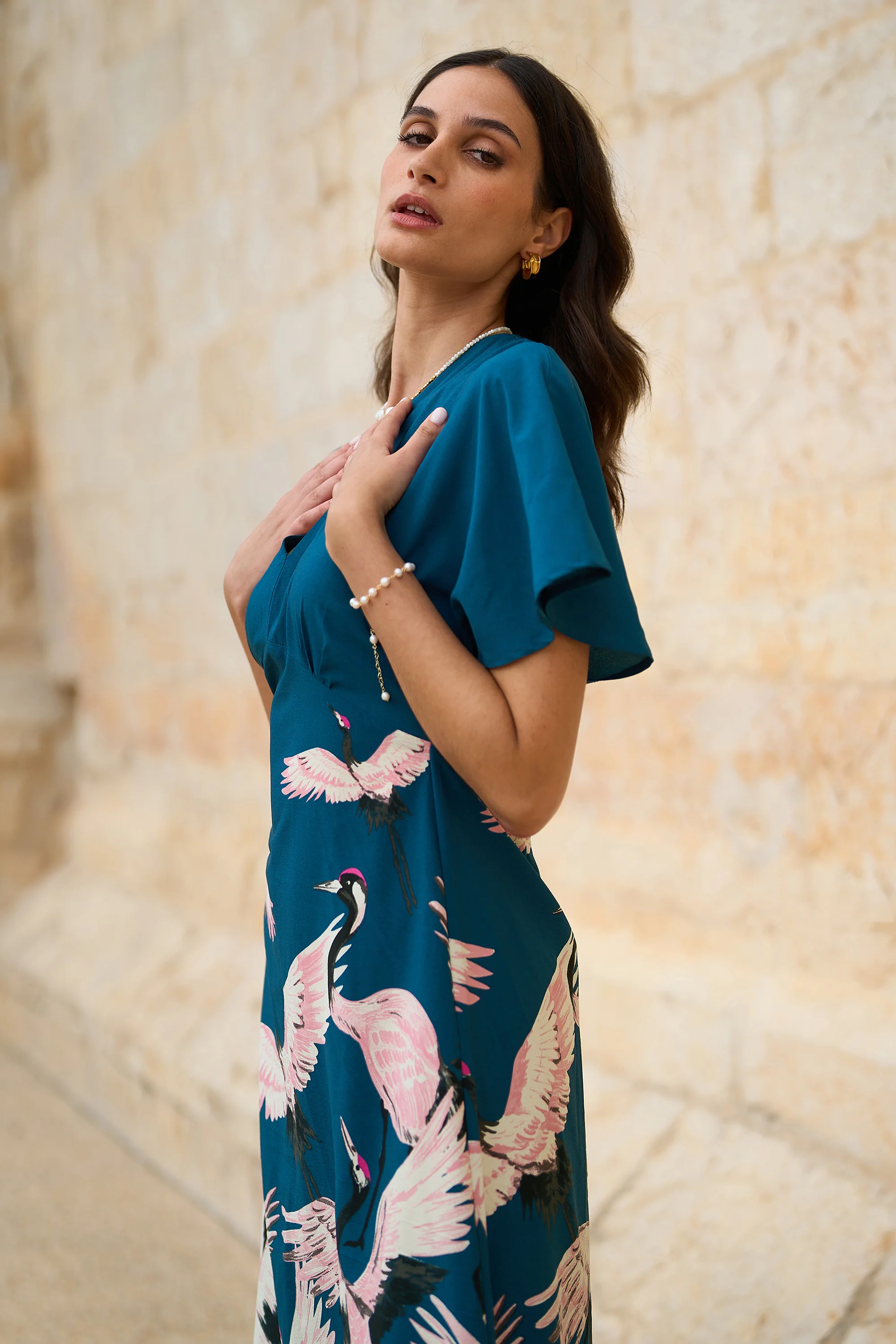 Yumi Teal Recycled Fabric Crane Print Kimono Midi Dress - Image 2