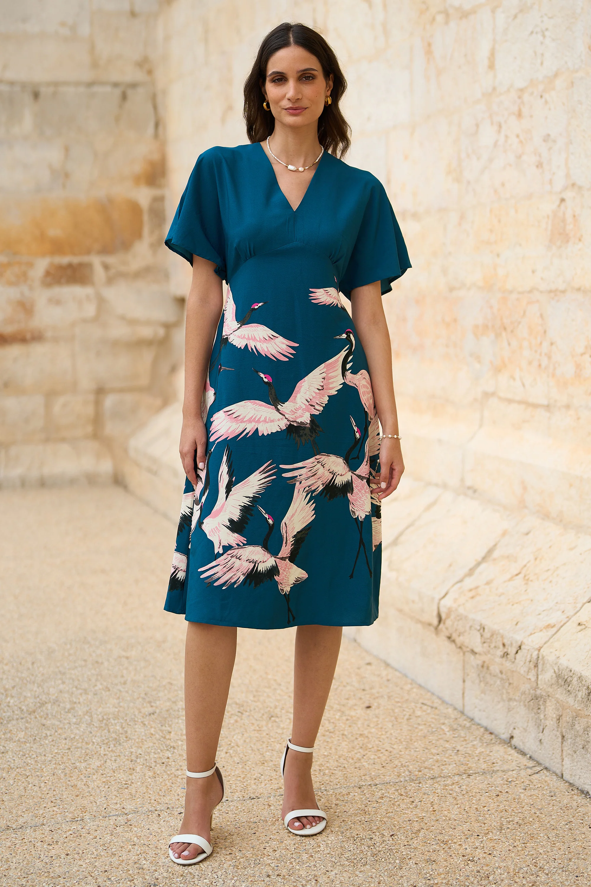 Yumi Teal Recycled Fabric Crane Print Kimono Midi Dress - Image 3
