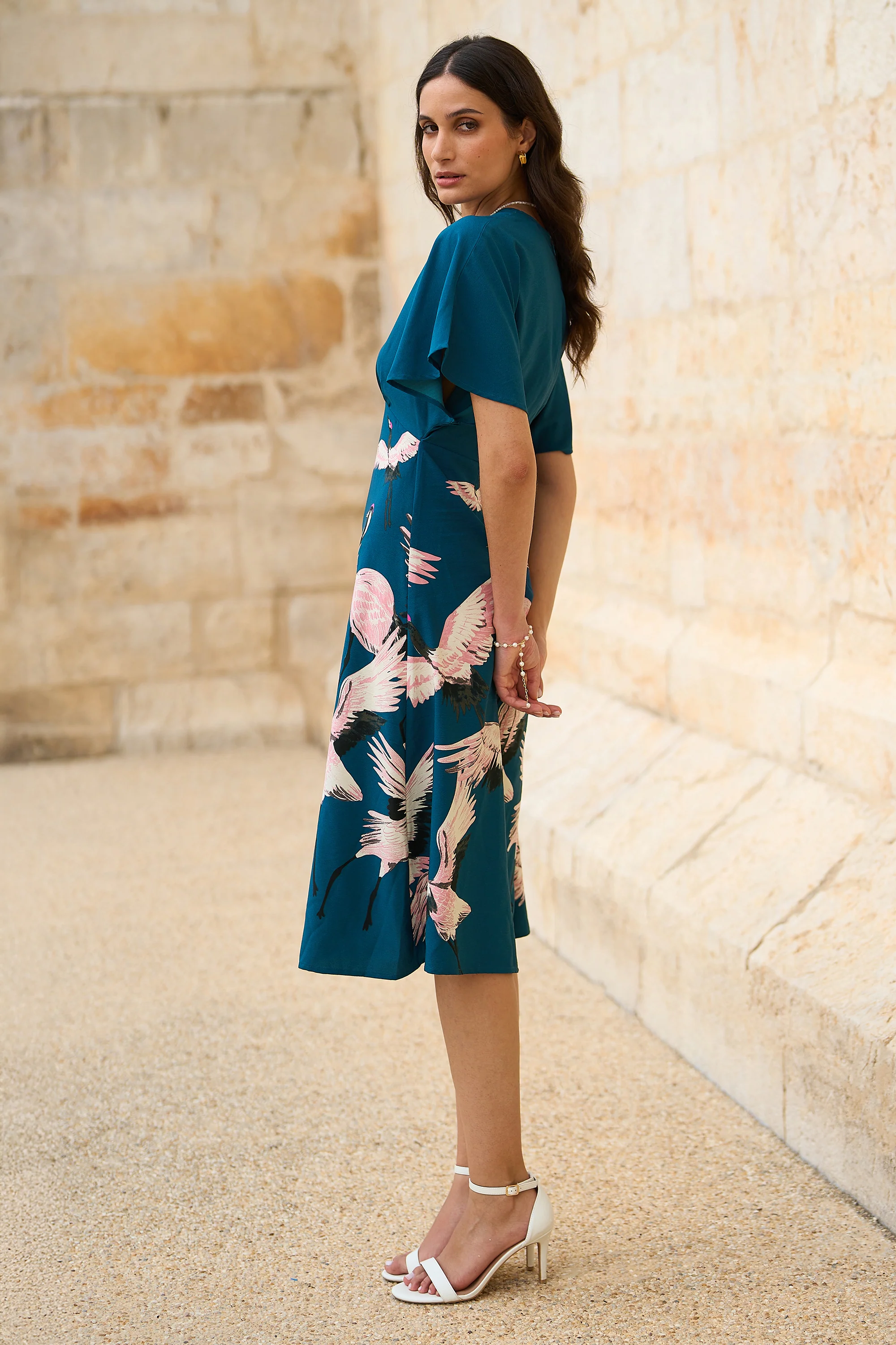 Yumi Teal Recycled Fabric Crane Print Kimono Midi Dress - Image 4