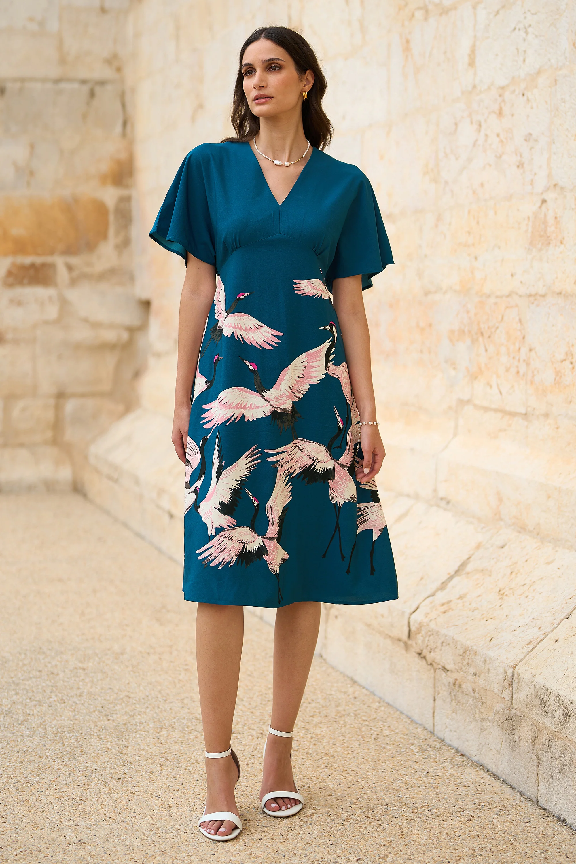 Yumi Teal Recycled Fabric Crane Print Kimono Midi Dress - Image 5
