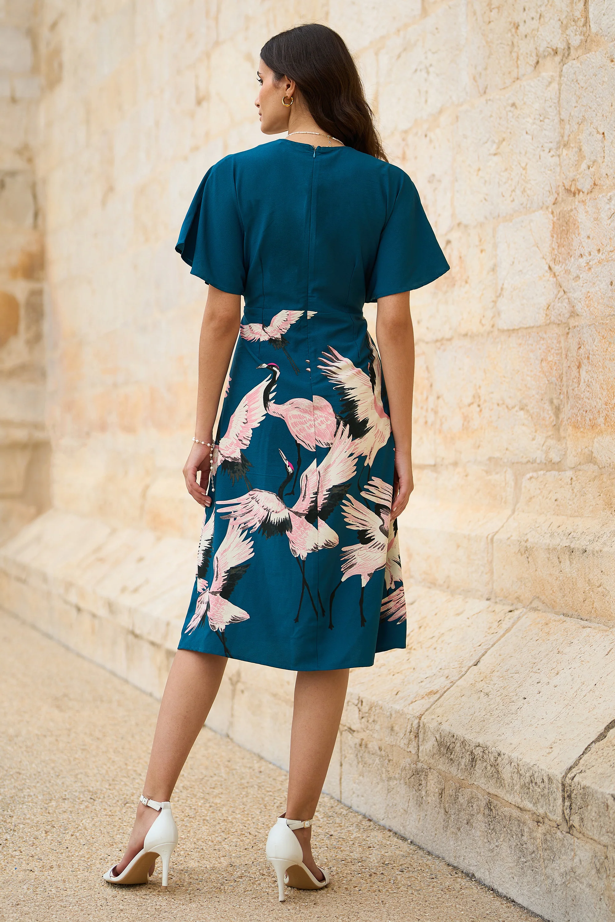 Yumi Teal Recycled Fabric Crane Print Kimono Midi Dress - Image 6
