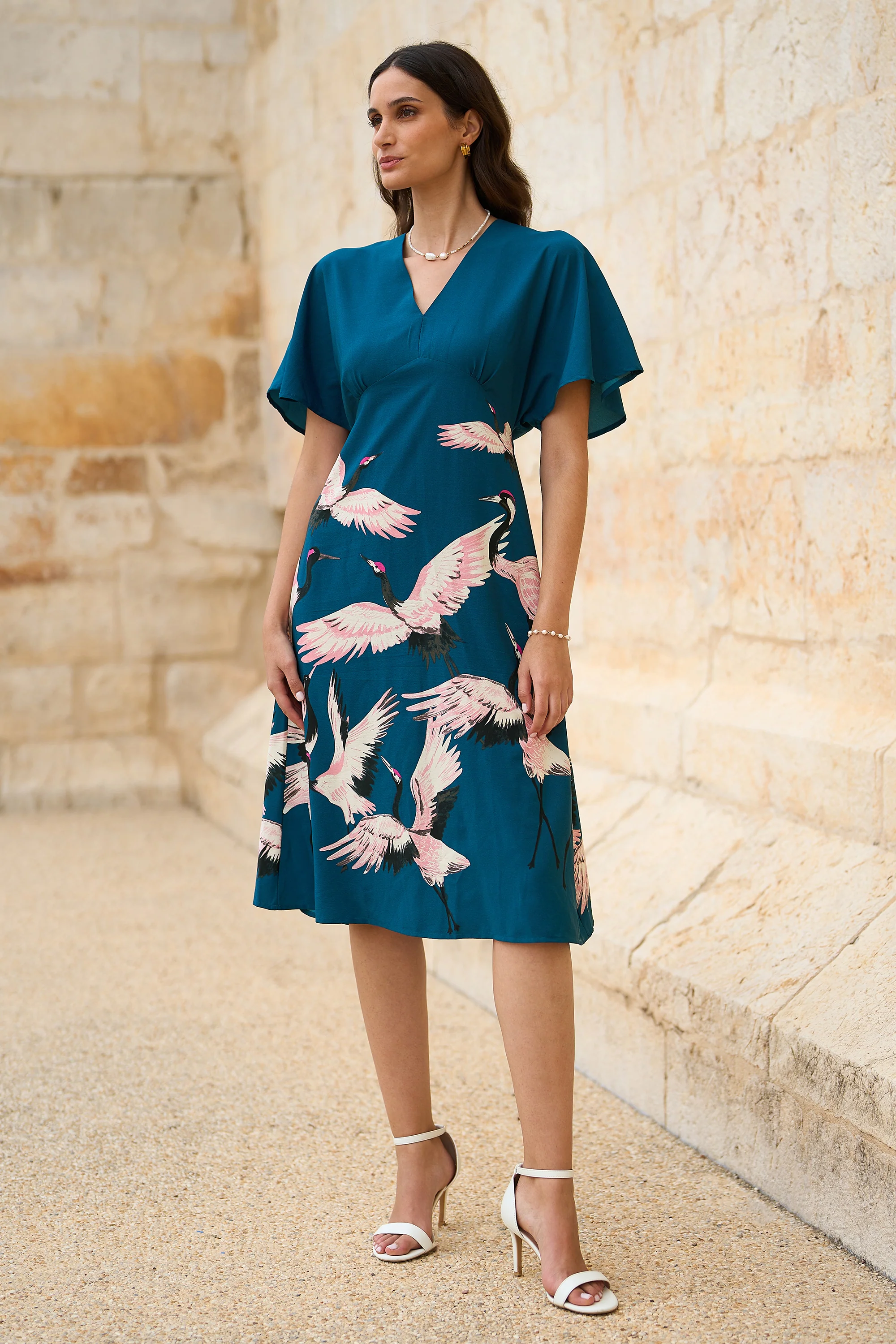 Yumi Teal Recycled Fabric Crane Print Kimono Midi Dress - Image 7